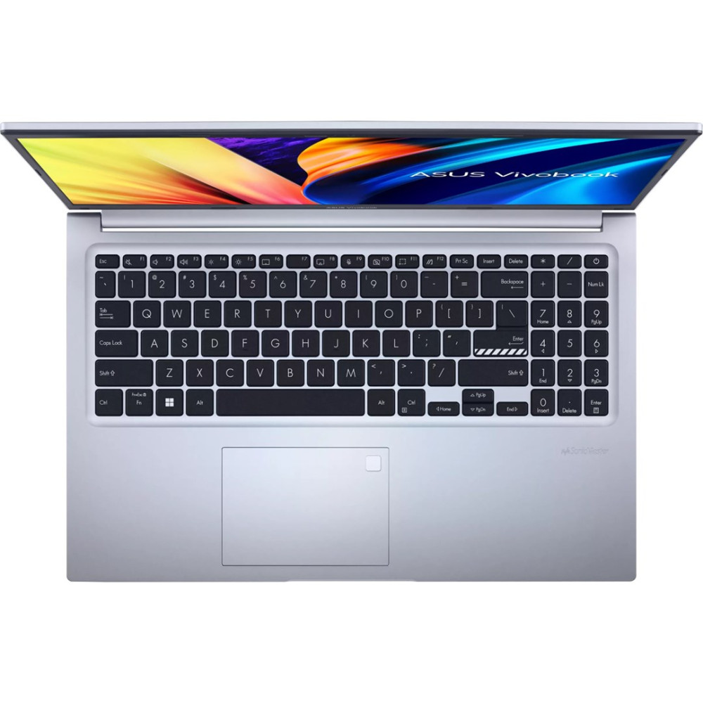 Otwarty srebrny laptop ASUS Vivobook wyświetlający żywą abstrakcyjną tapetę na ekranie.