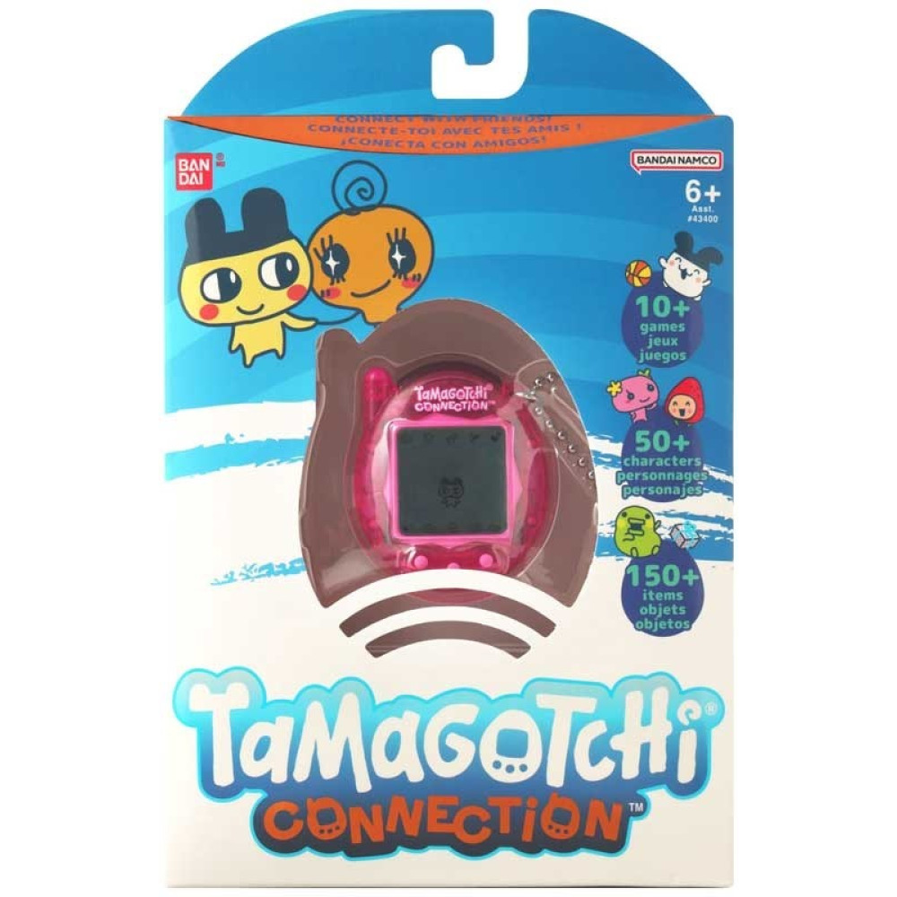 Zapakowany różowy Tamagotchi z postaciami i informacjami o grze.