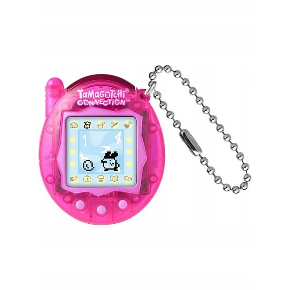Różowy Tamagotchi z cyfrowym zwierzakiem na ekranie i łańcuszkiem.