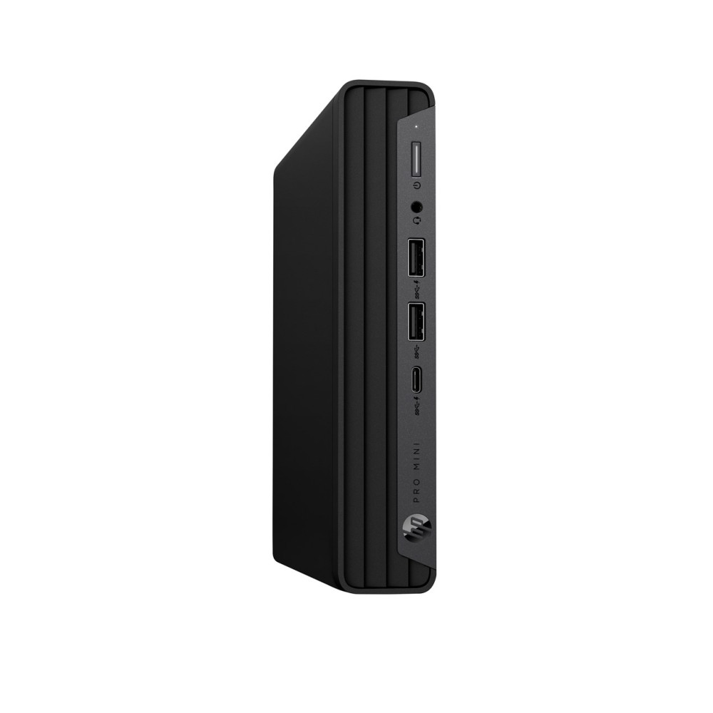 Czarny mini PC z portami bocznymi: zasilanie, USB-A, USB-C.
