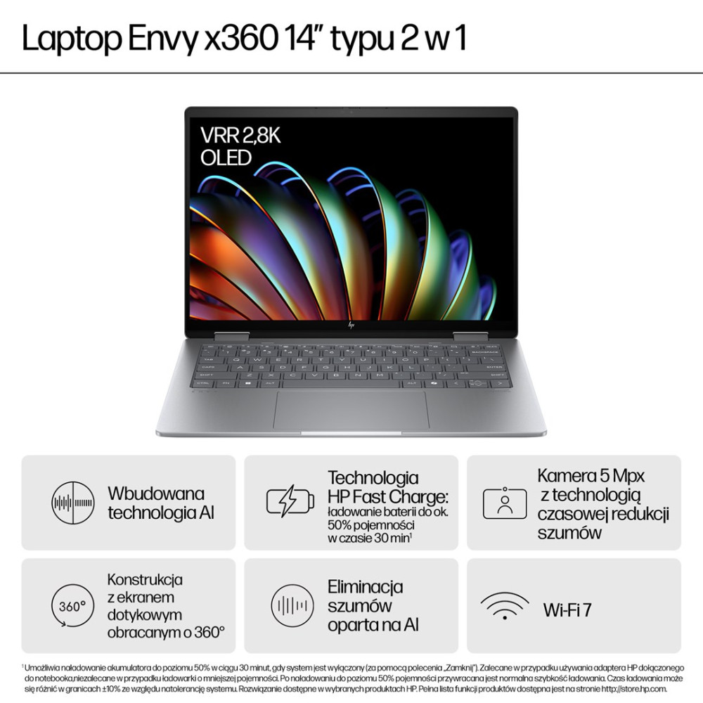 Laptop z ekranem OLED VRR 2,8K, technologią AI, zawiasem 360°, szybkim ładowaniem, kamerą 5MP i Wi-Fi 7.