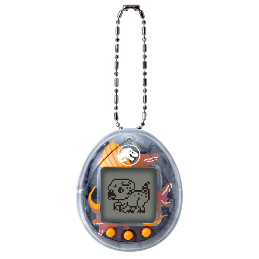 Tamagotchi z grafiką dinozaura i koralikowym łańcuszkiem.