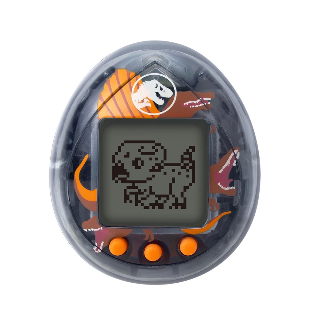 Czarny Tamagotchi z grafiką dinozaurów i pikselowym psem na ekranie.
