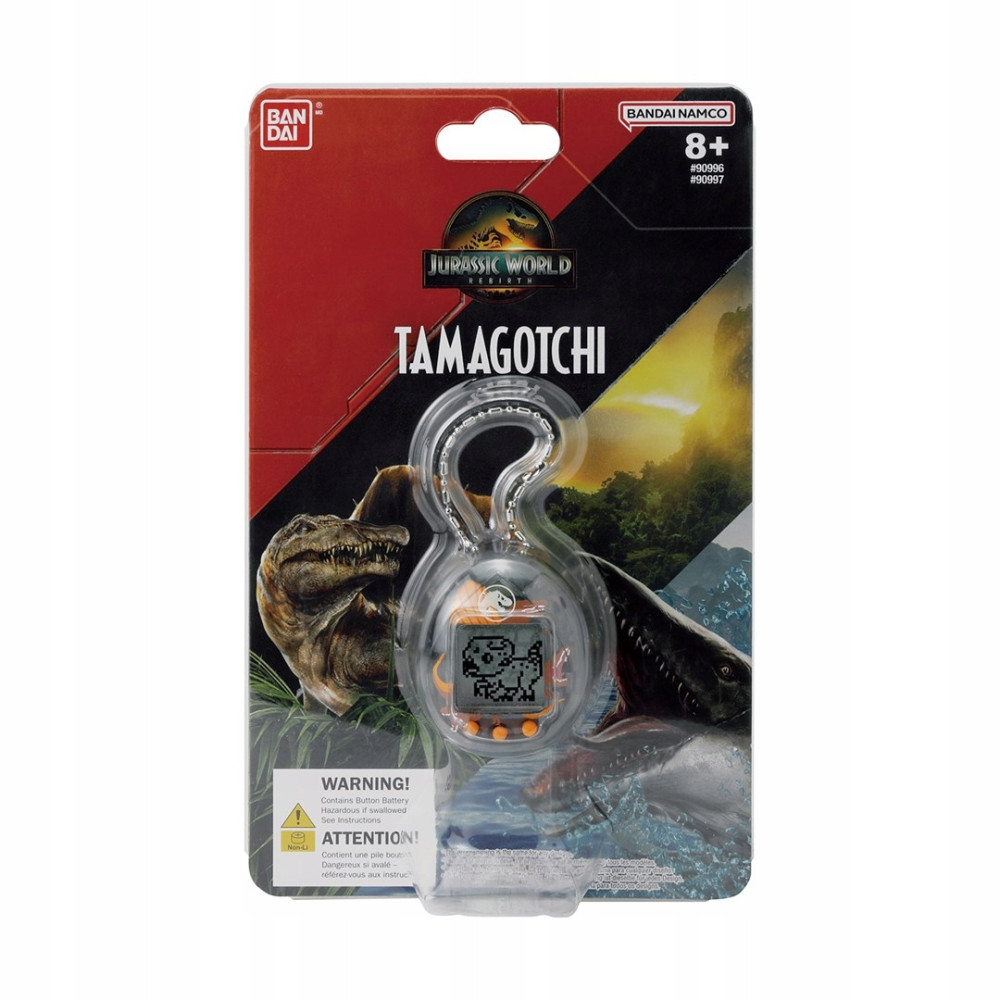 Tamagotchi Jurassic World w stylu Jurassic Park z dinozaurami.