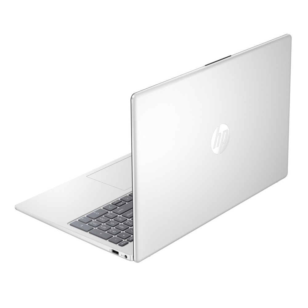 Otwarty biały laptop HP, widoczna klawiatura i wnętrze.