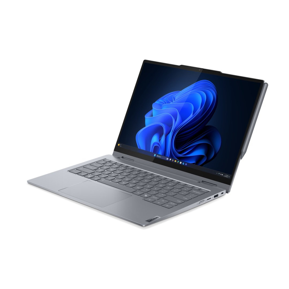 Szary laptop Lenovo z otwartym ekranem, wyświetlający niebieskie logo Windows.