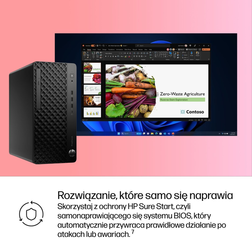 Czarny komputer HP ProDesk obok monitora z prezentacją o rolnictwie zero-waste.
