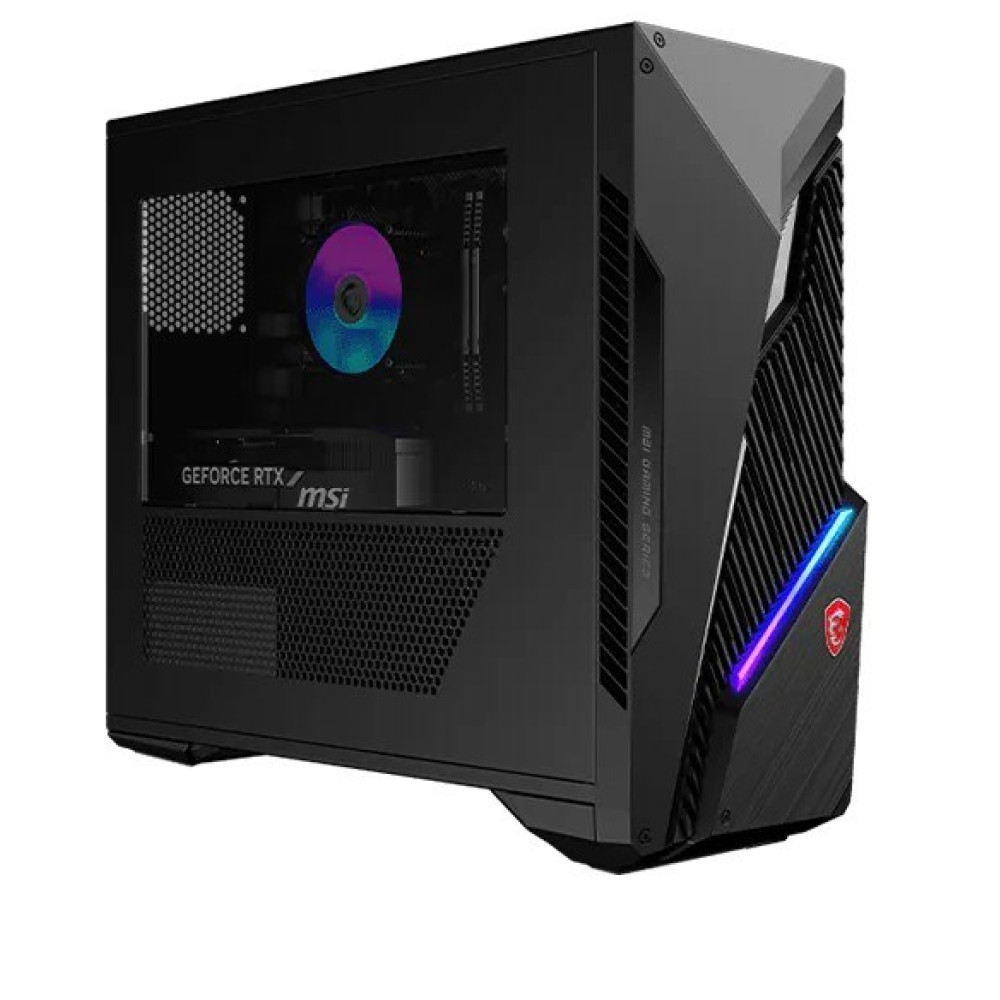 Czarny komputer gamingowy MSI z wentylatorem RGB i widoczną kartą graficzną GeForce RTX.