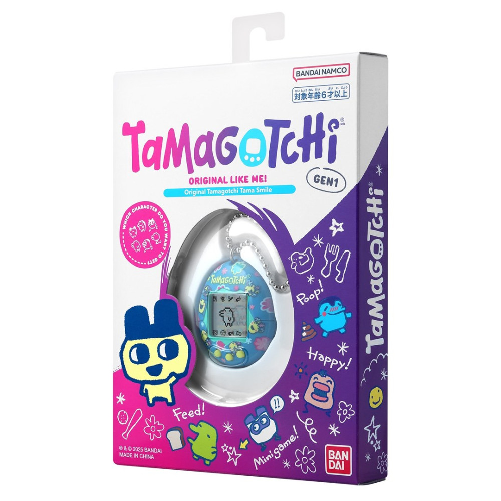Opakowanie Tamagotchi z postaciami pixelowymi, zabawką i tekstem.