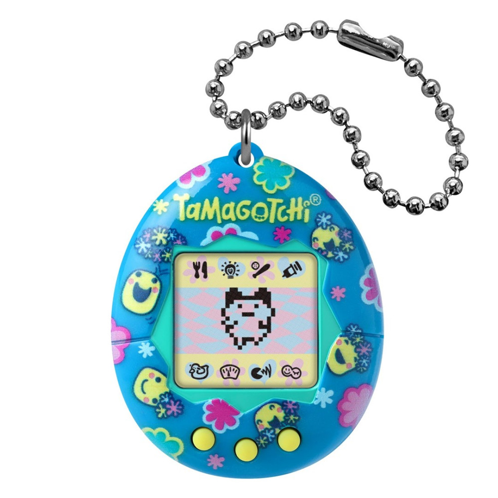 Niebieski Tamagotchi z kwiatami, pikselową postacią i przyciskami.