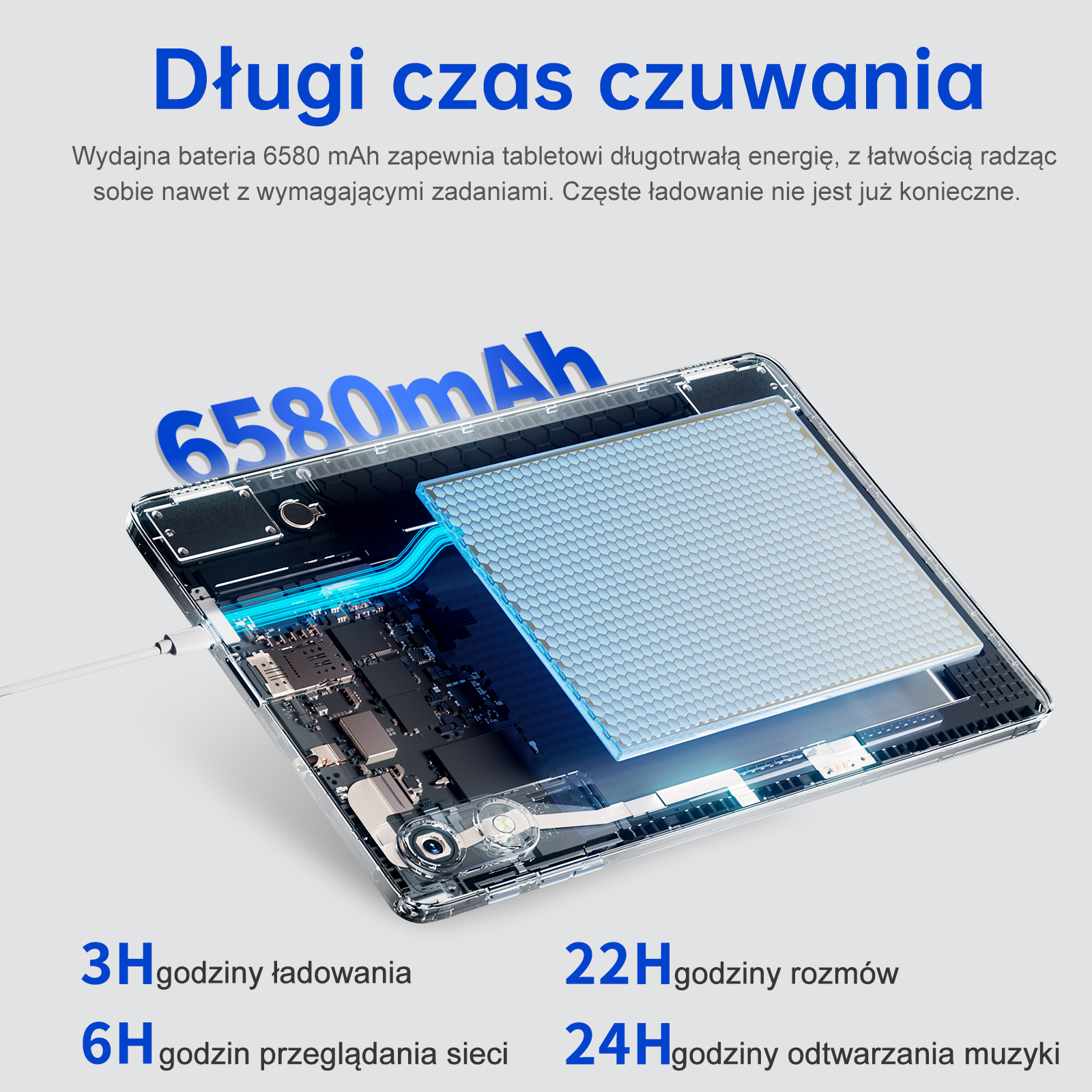 Tablet z baterią 6580mAh, 3h ładowania, 22h rozmów, 6h internetu, 24h muzyki.