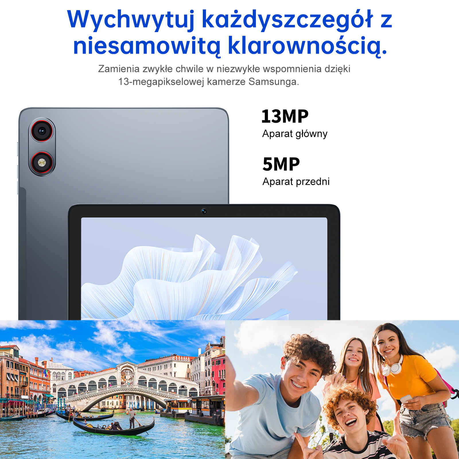 Tablet z dwoma aparatami, Wenecja i troje uśmiechniętych młodych ludzi.