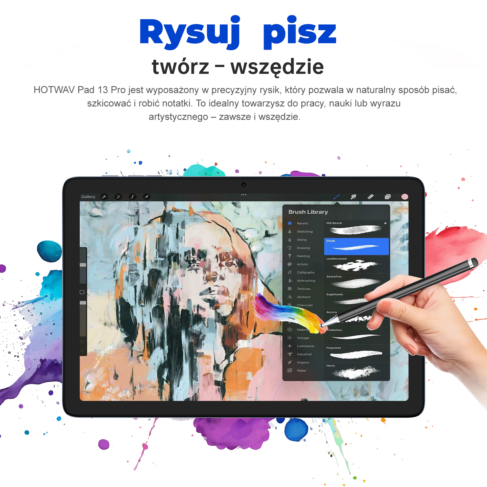 Tablet wyświetla abstrakcyjny portret, dłoń używa rysika do wyboru pędzli.
