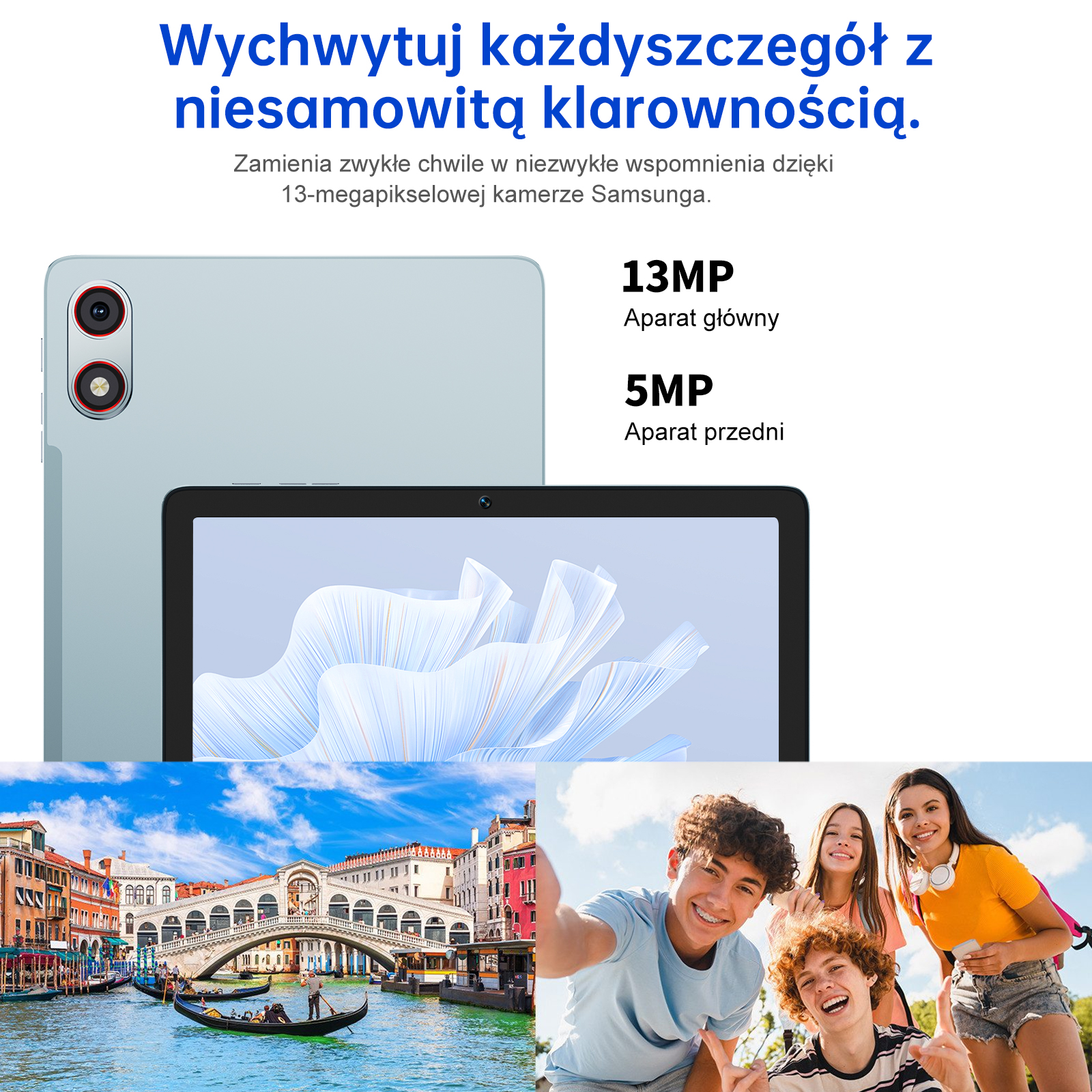 Jasnoniebieski tablet z dwoma aparatami, Wenecja i troje uśmiechniętych młodych ludzi.