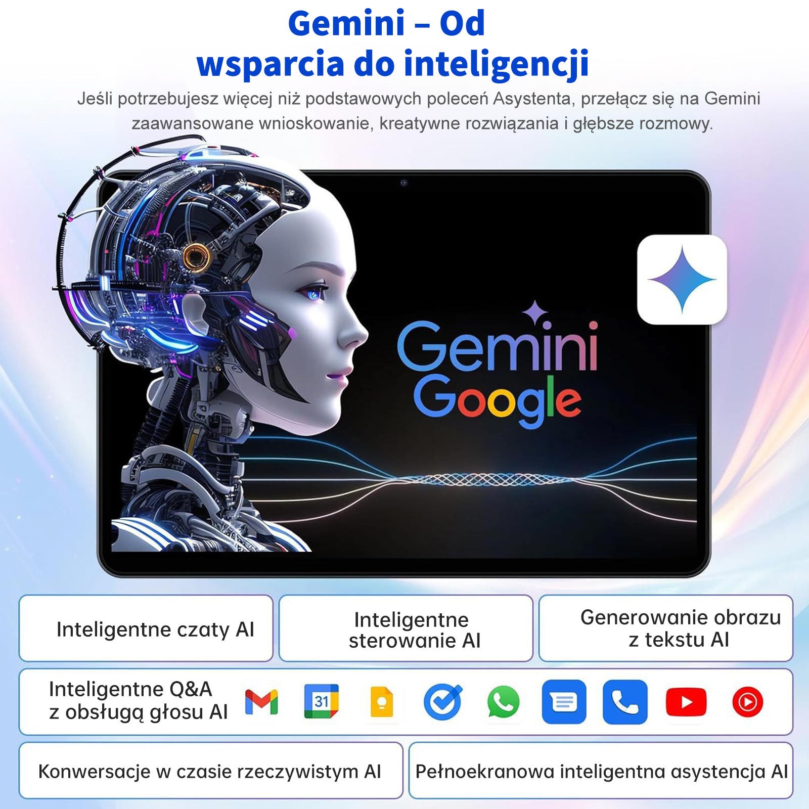 Twarz robota i logo Google Gemini na ekranie.
