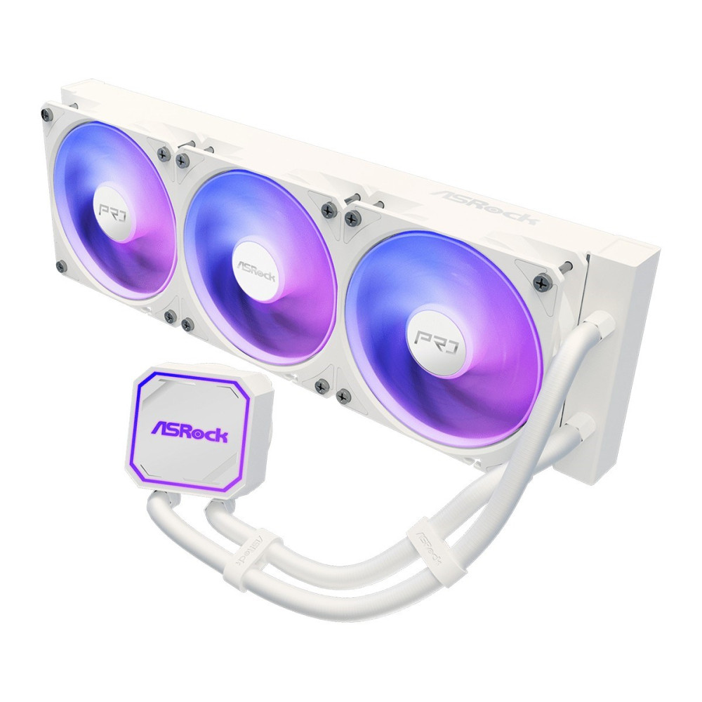 Biała chłodnica cieczy ASRock do procesora z 3 wentylatorami i RGB.