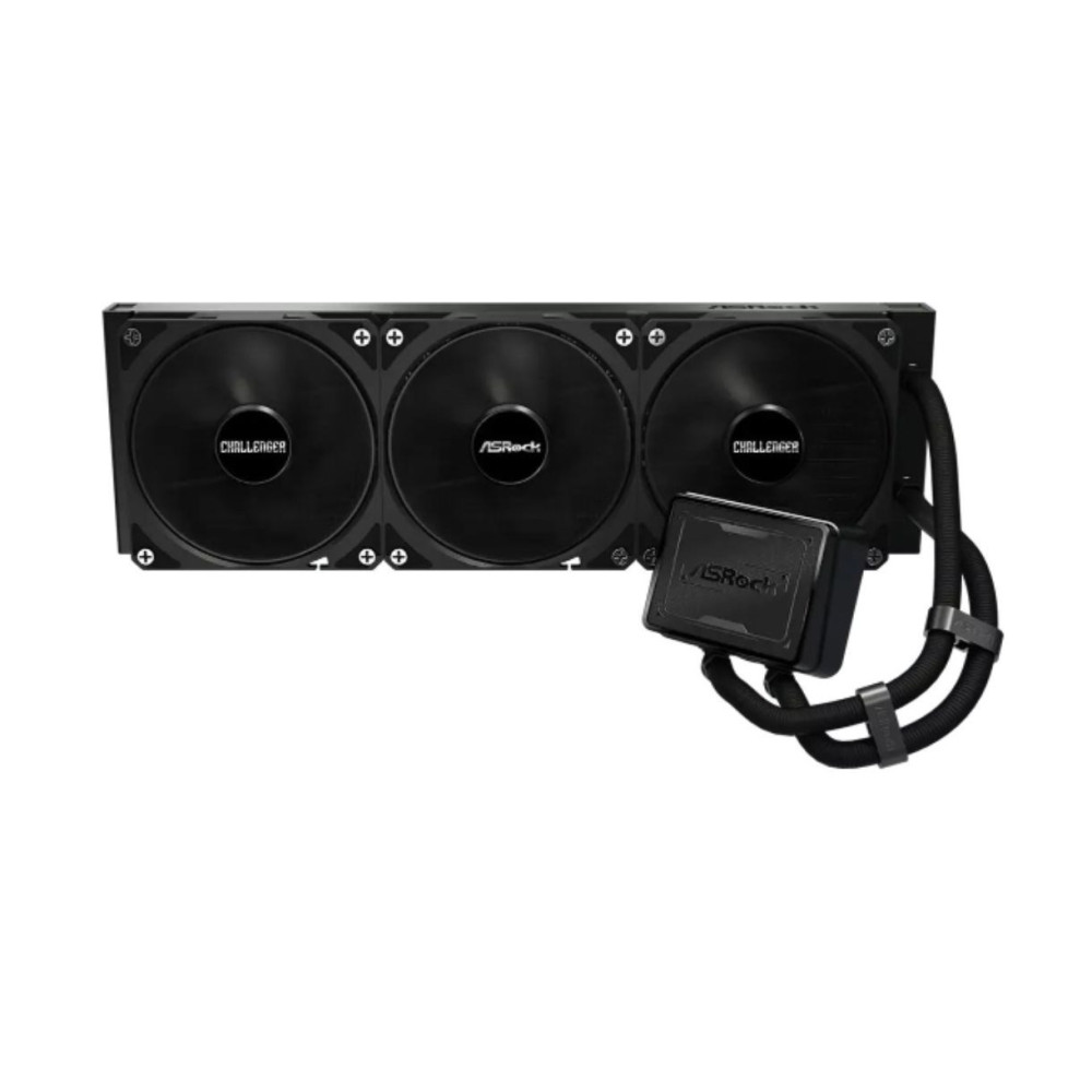 Czarna chłodnica CPU z trzema wentylatorami i modułem pompy.