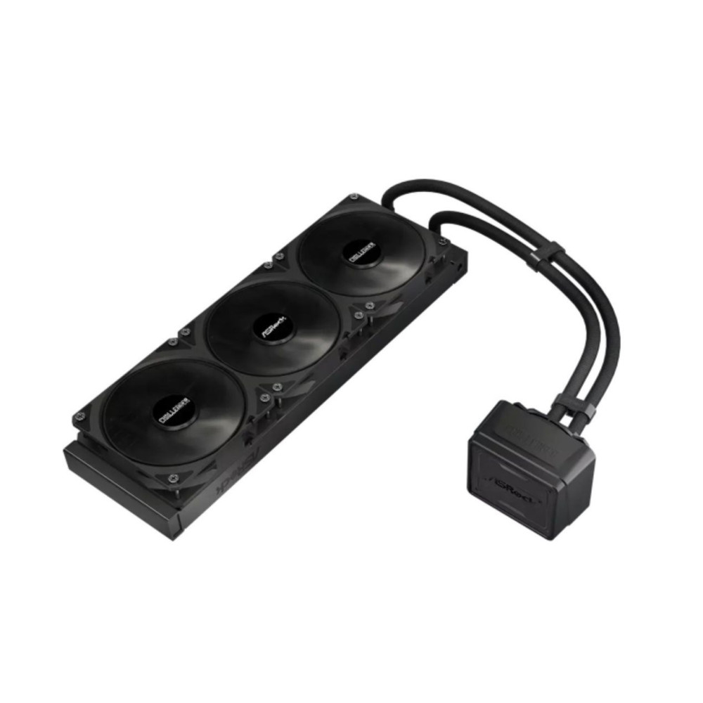 Czarna chłodnica CPU komputera z trzema wentylatorami i czarną obudową.