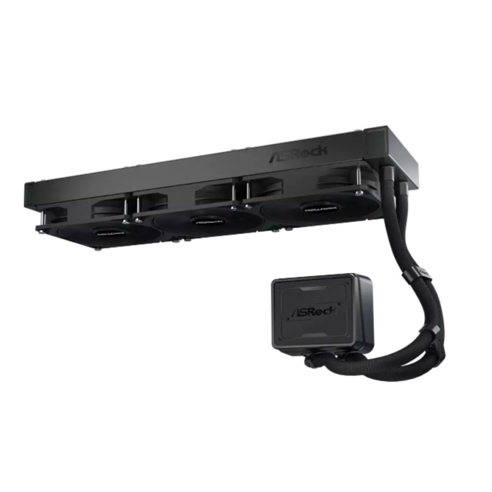 Czarna chłodnica CPU ASRock z trzema wentylatorami i modułem pompy.