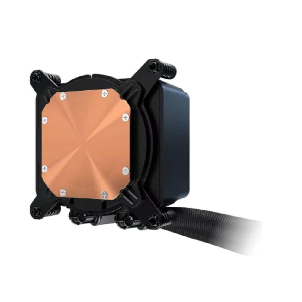 Czarna chłodnica z miedzianą podstawą i czterema śrubami.