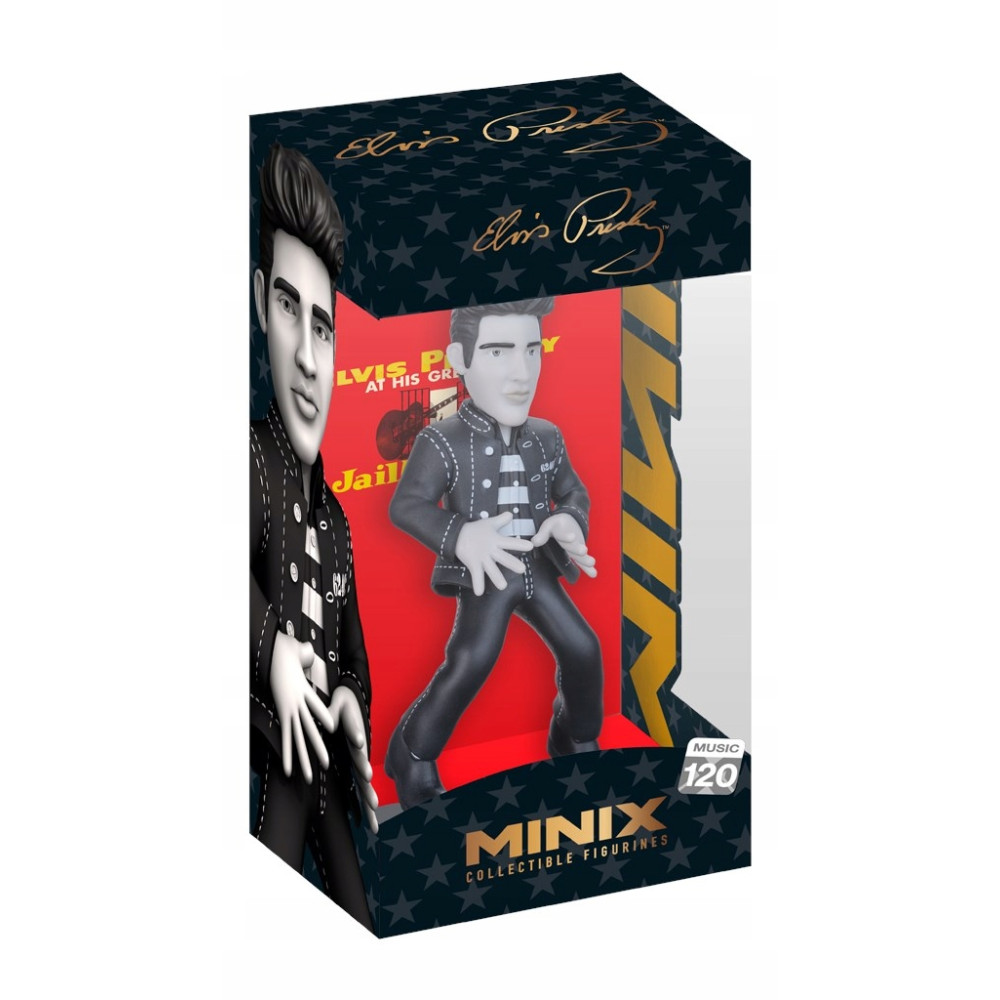 Figurka kolekcjonerska Elvisa Presleya w pudełku, z czarnymi włosami i strojem więziennym.