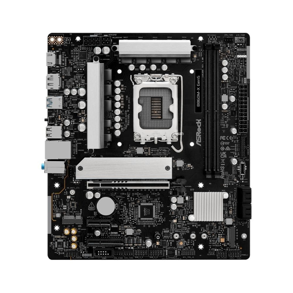 Płyta główna ASRock B860M-X Gen5 z gniazdem CPU, slotami RAM i portami.