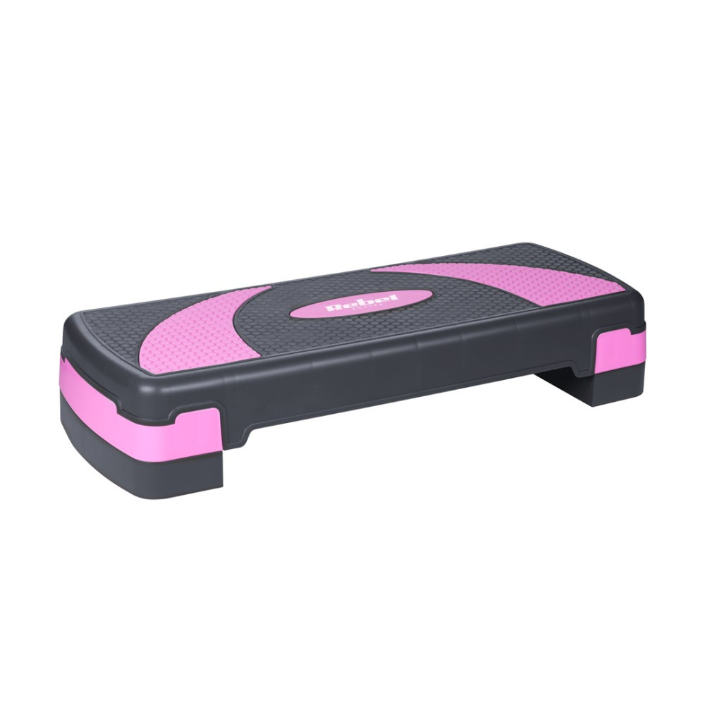 Czarny stopień do aerobiku z różowymi akcentami, na białym tle.