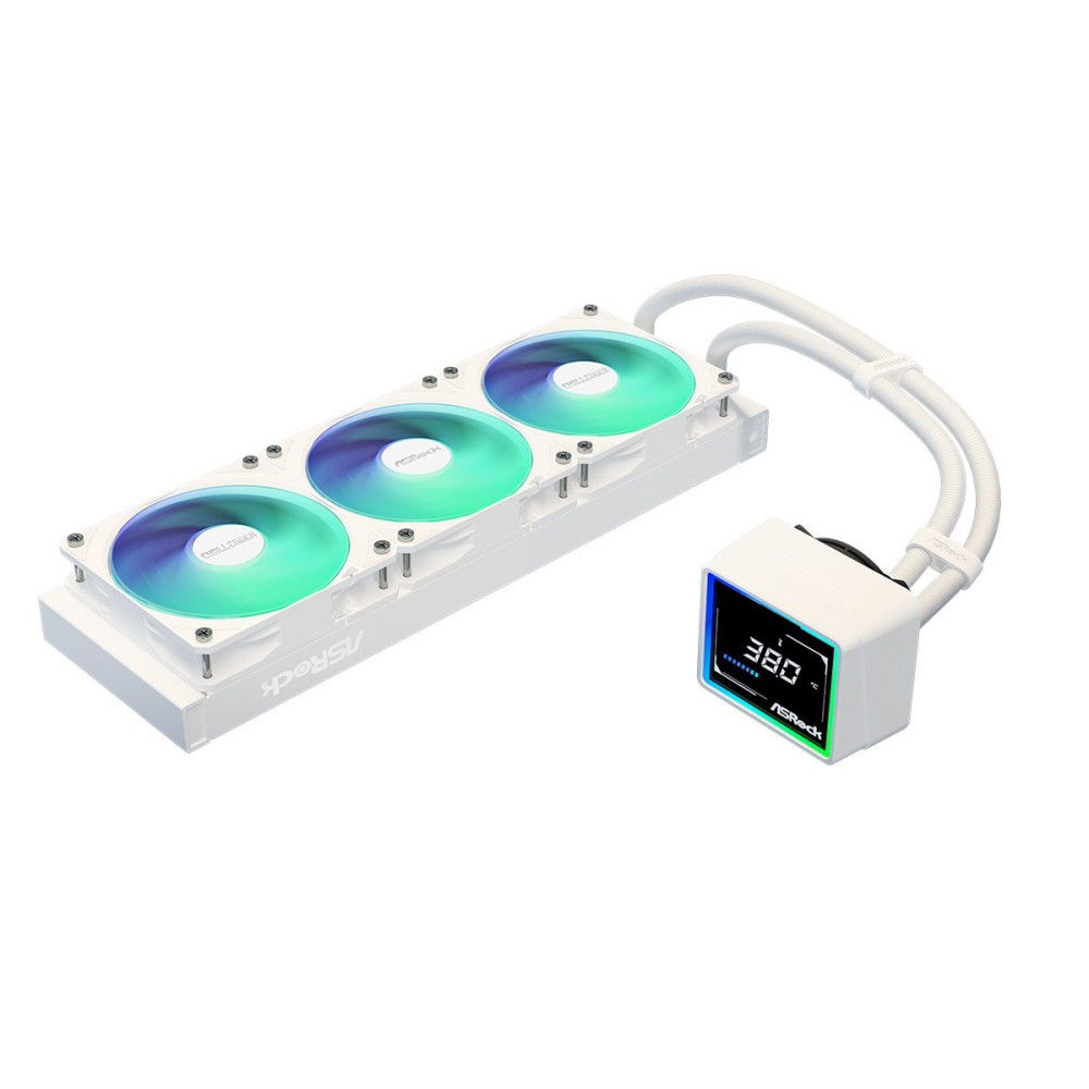 Biała chłodnica CPU z trzema wentylatorami RGB i cyfrowym wyświetlaczem.