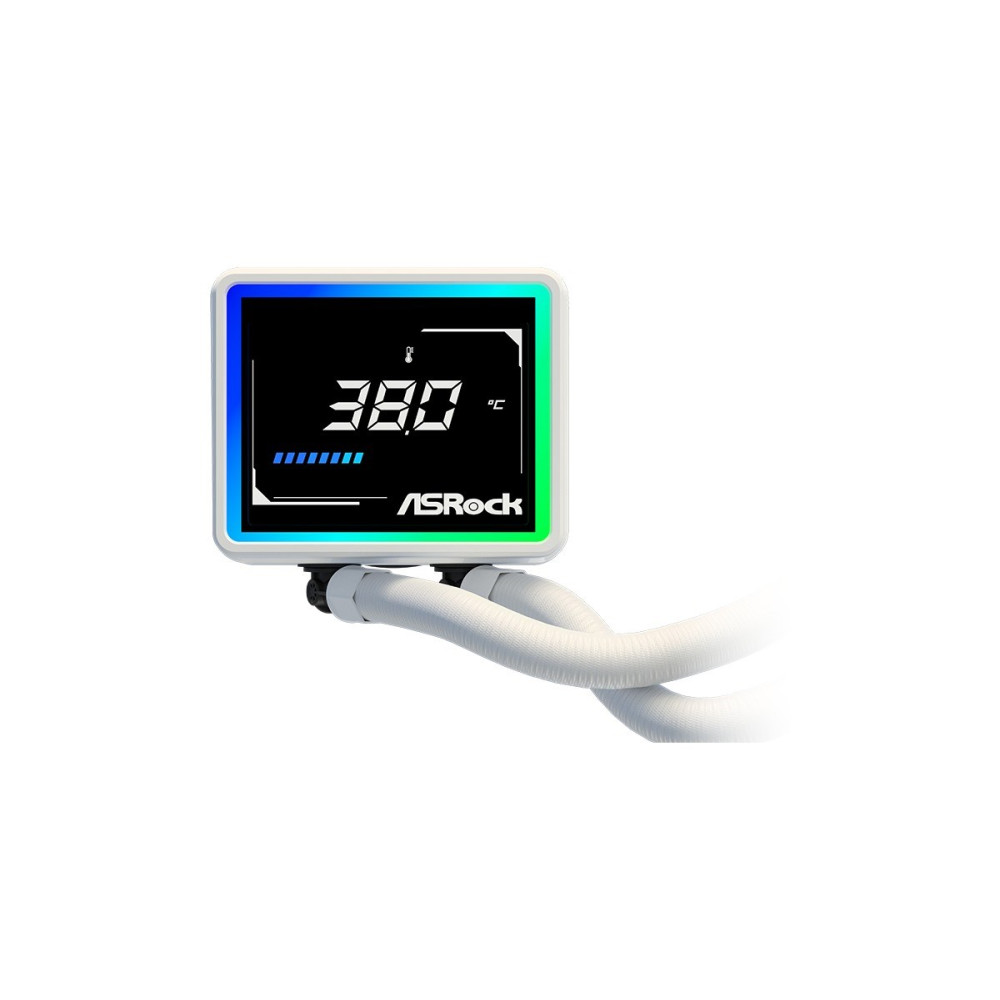 Chłodzenie ASRock z cyfrowym wyświetlaczem pokazującym 38.0°C i oświetleniem RGB.