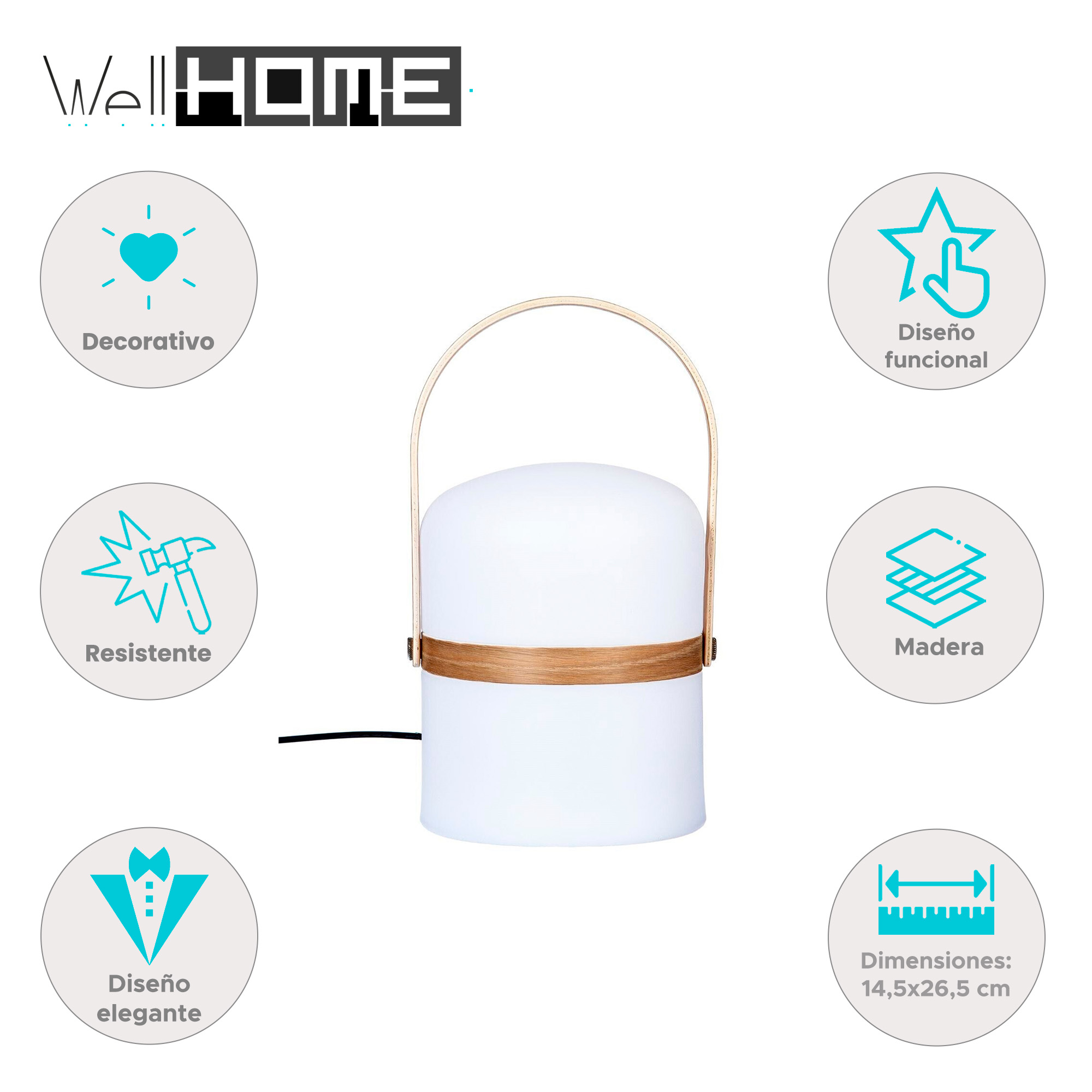 Lámpara blanca con asa y banda de madera. Varios iconos describen características.