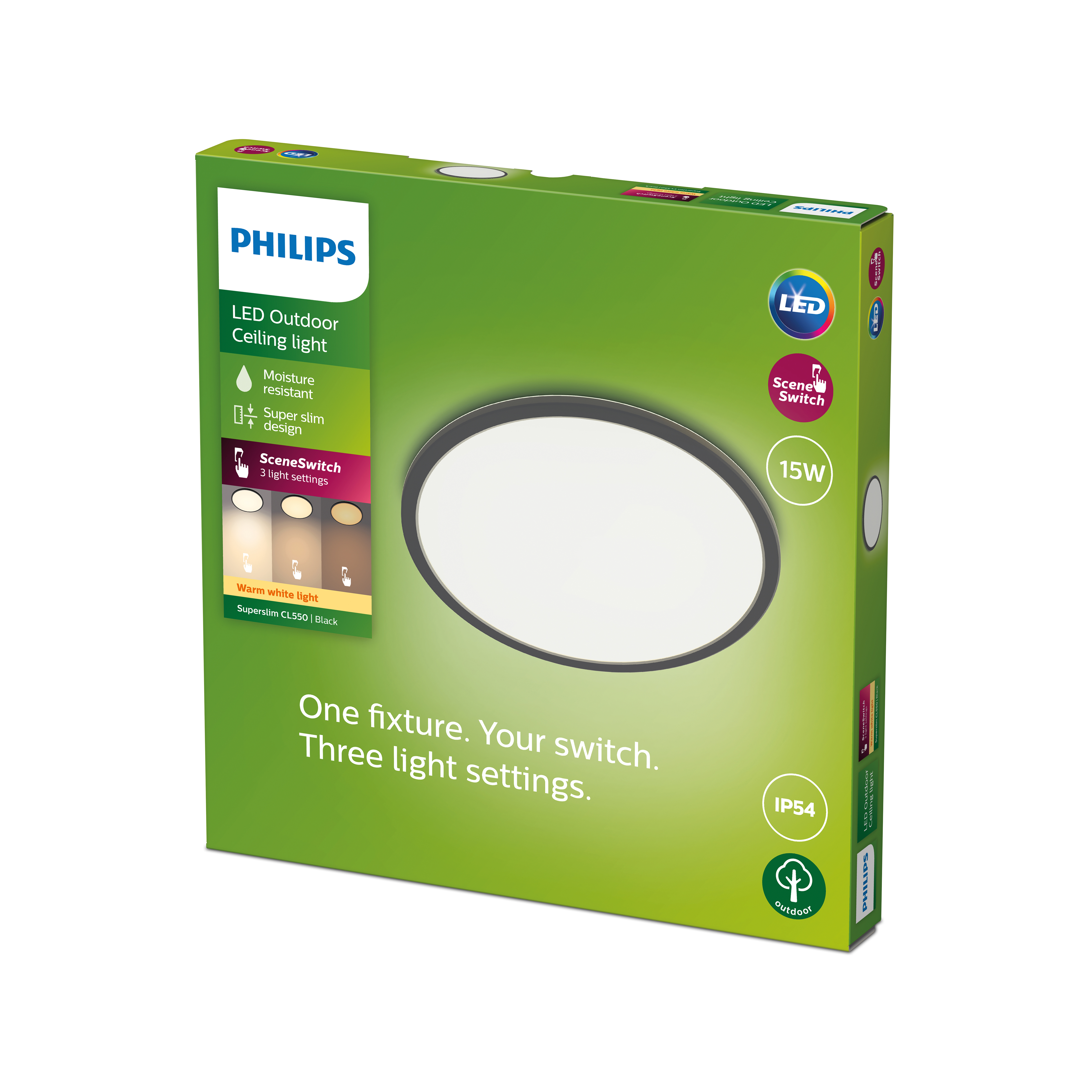 Luz de techo LED Philips para exteriores, negra, 15W, IP54, SceneSwitch.