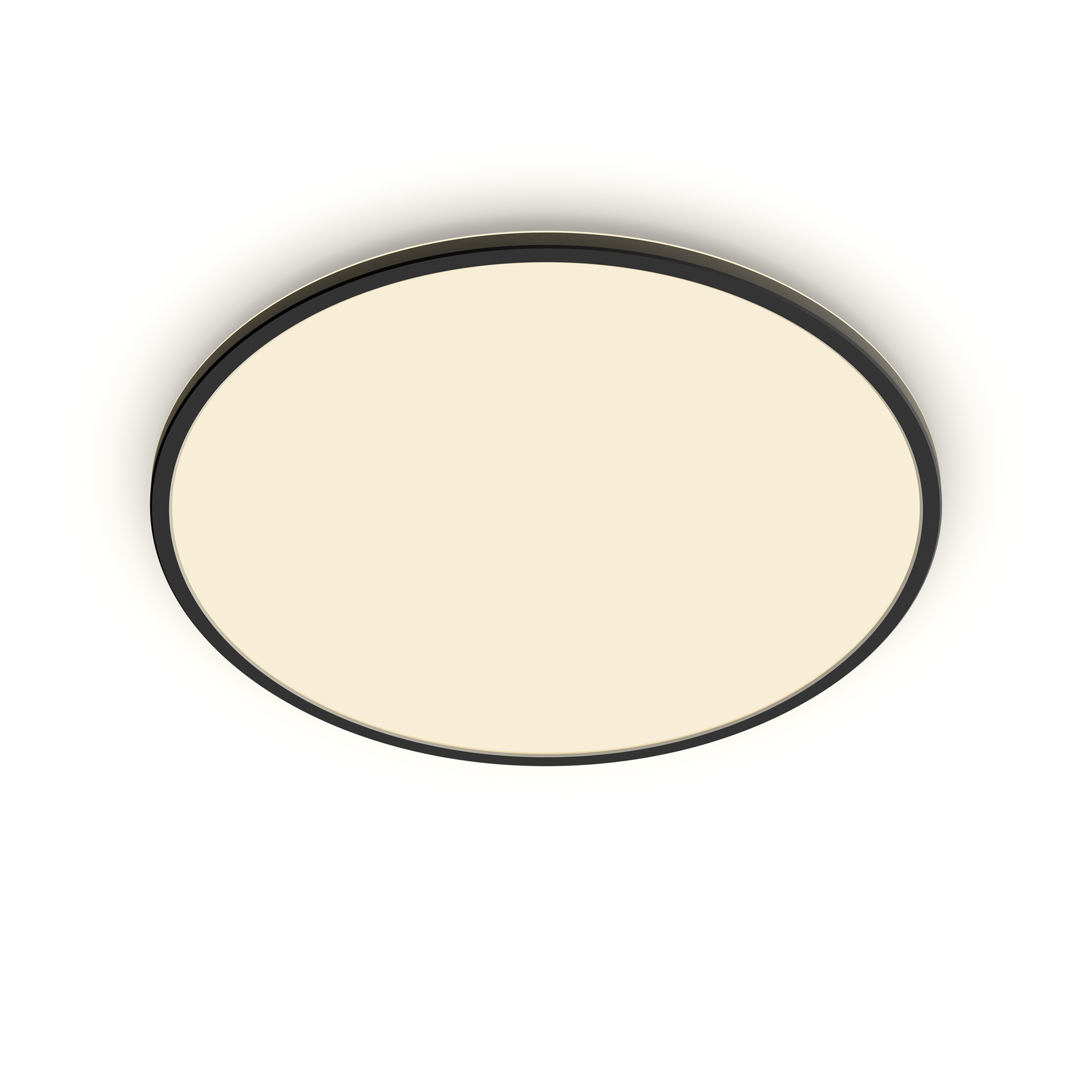 Una lámpara de techo redonda, color crema, con borde negro sobre fondo blanco.