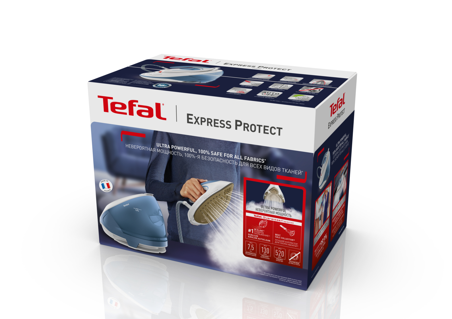 Tefal Bügeleisen-Verpackung mit blauem Dampfbügeleisen und Person, die bügelt.