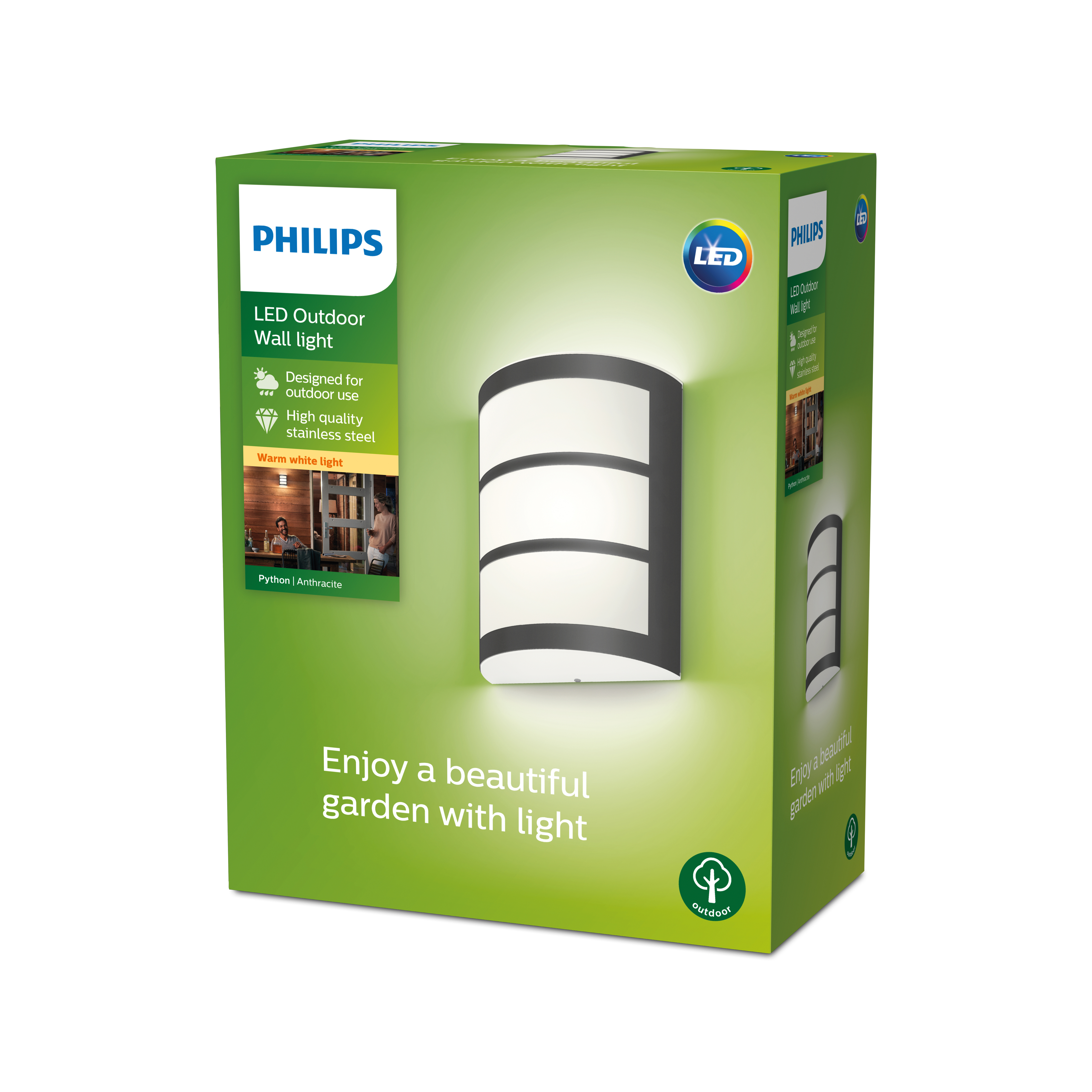 Verpackung einer Philips LED Außenwandleuchte, Anthrazit, mit Text.