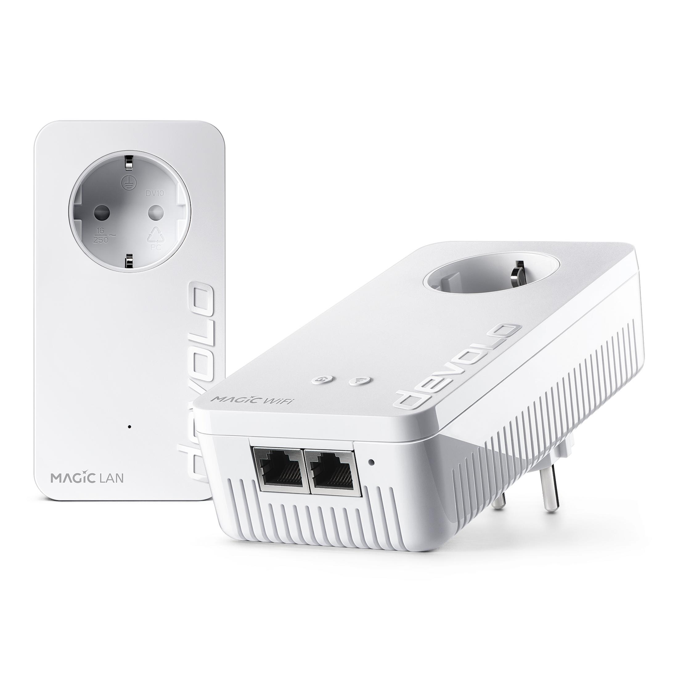 Due adattatori Wi-Fi Devolo bianchi con prese e porte LAN.