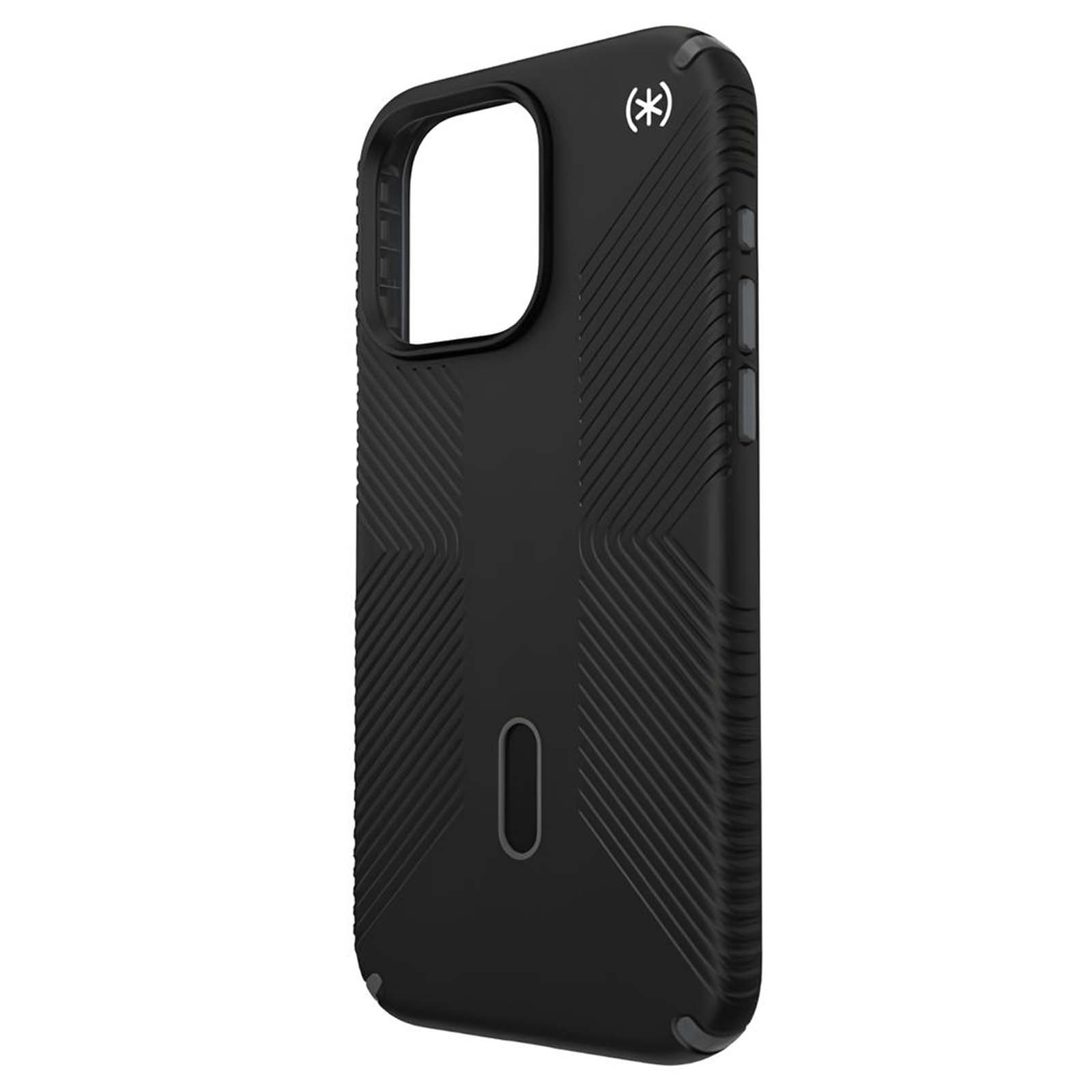 Zwarte telefoonhoes met geribbeld patroon en logo.