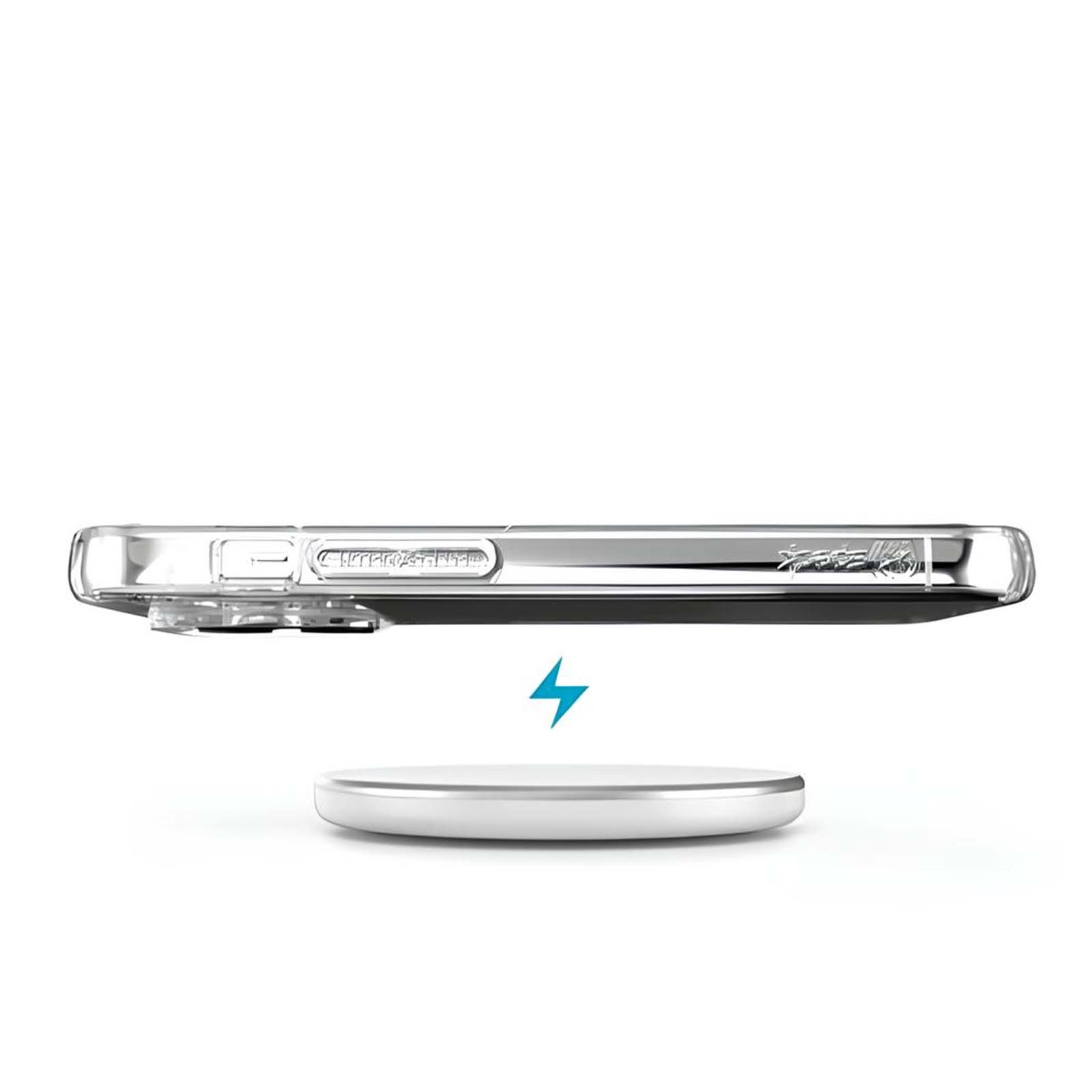 Una cover trasparente per telefono fluttua sopra un pad di ricarica bianco.