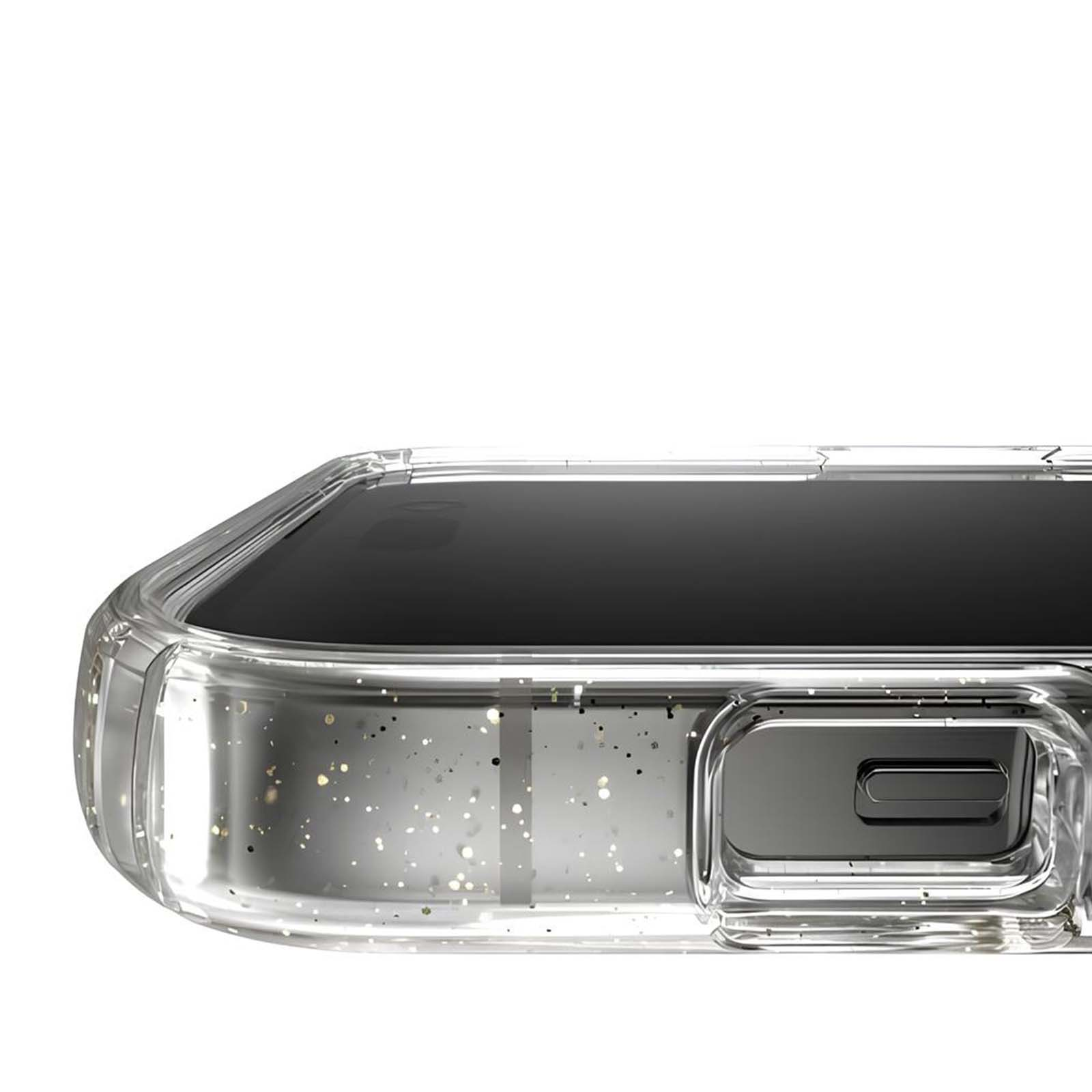 Doorzichtige telefoonhoes met glitterdeeltjes en knopuitsparing.