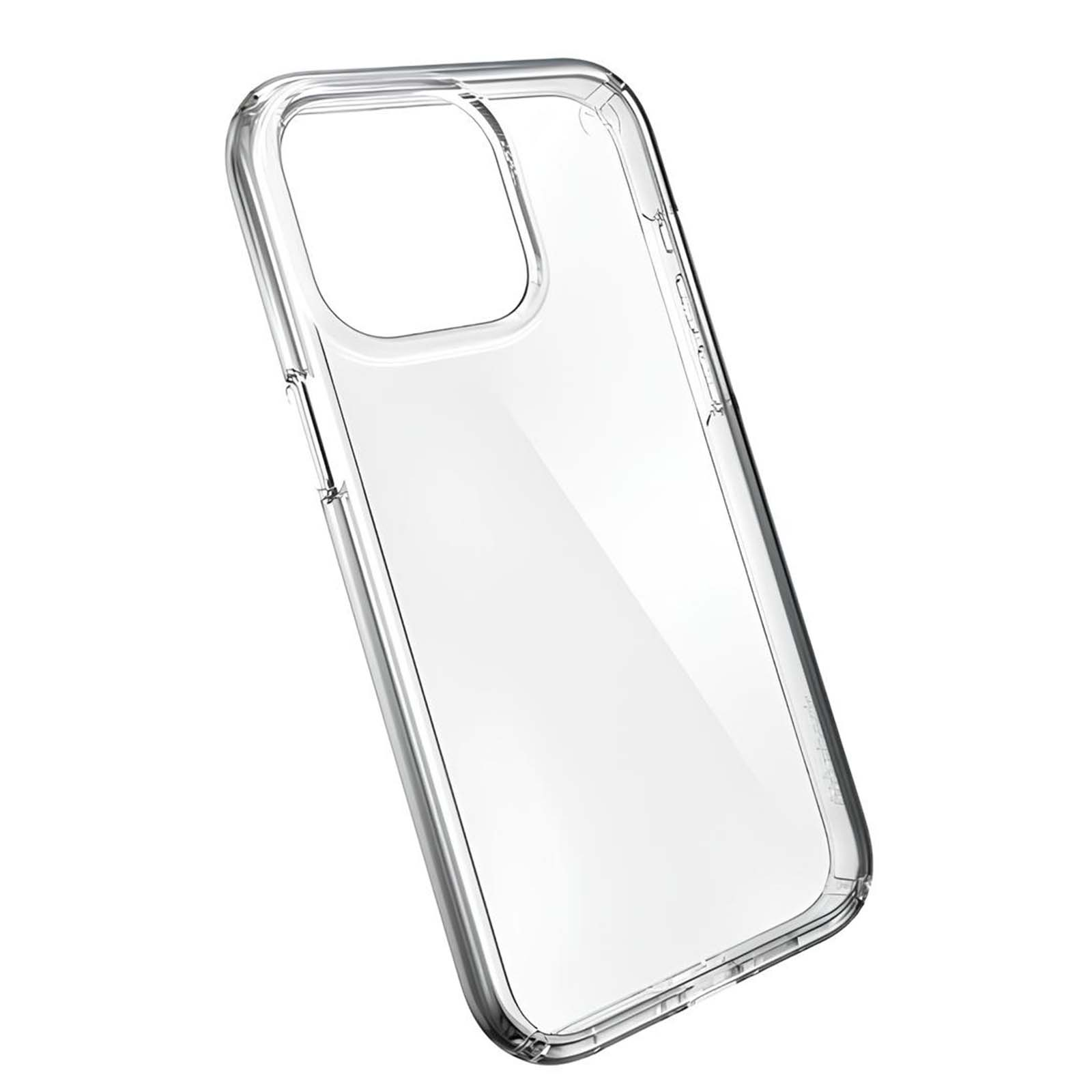Transparante telefoonhoes met camera-uitsparing, op witte achtergrond.