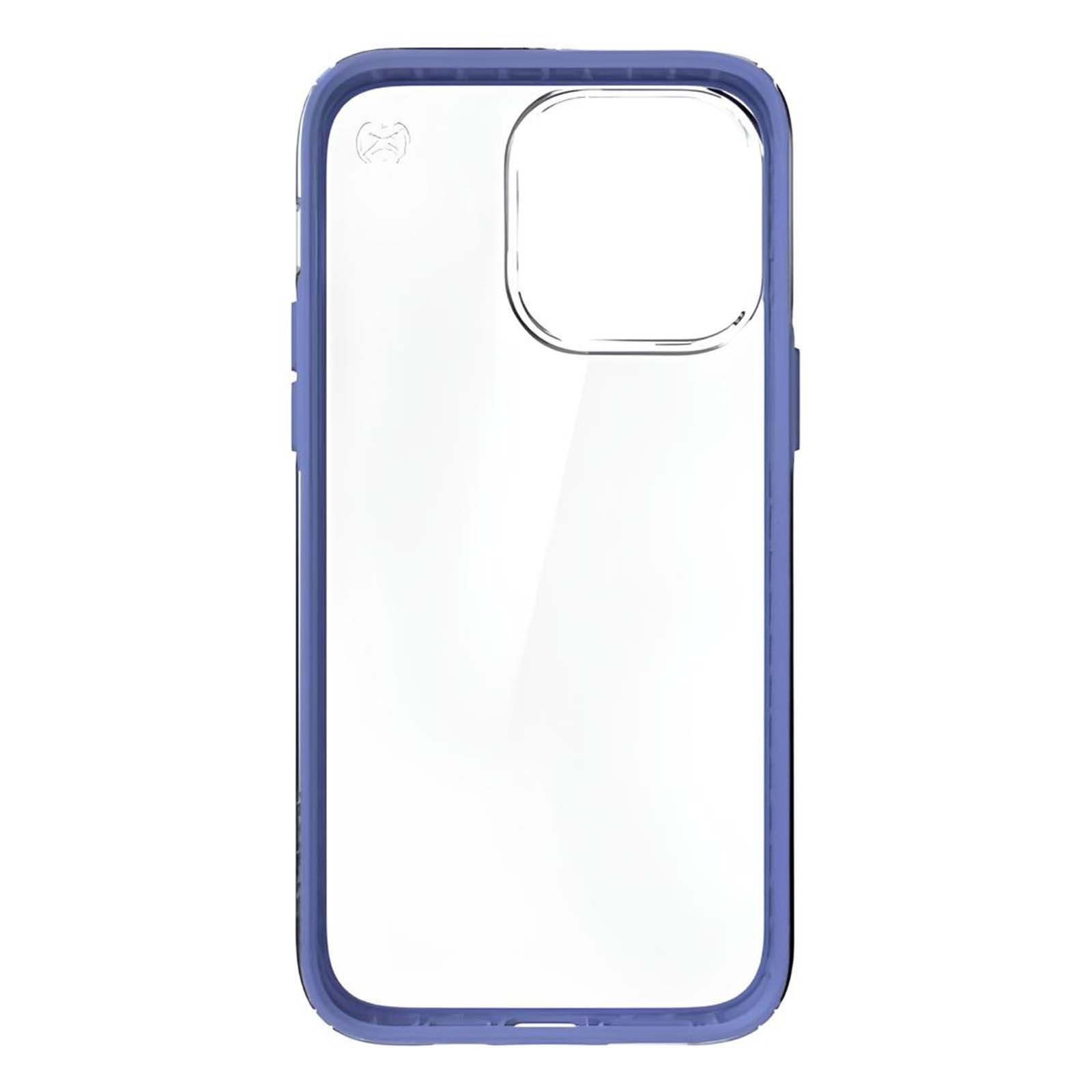 Una cover trasparente per telefono con bordo blu e protezione.