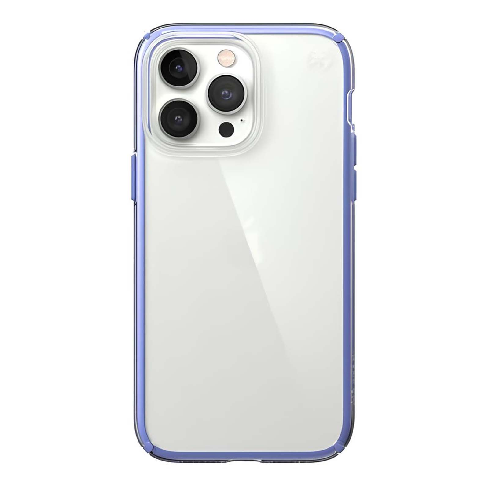 Una cover trasparente per telefono con bordi blu e rialzo fotocamera.