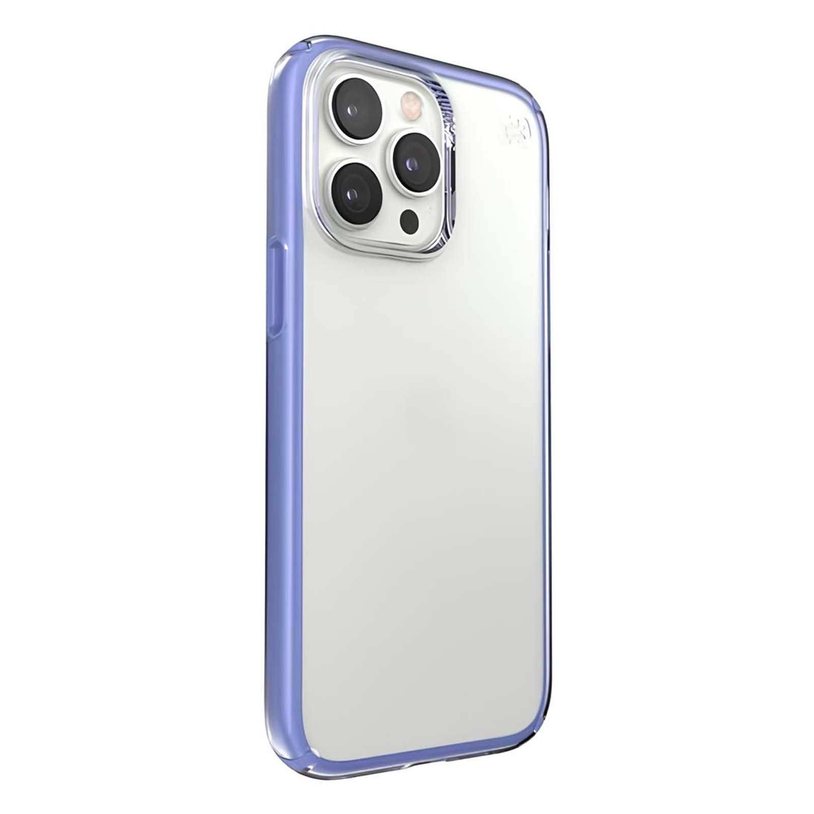 Una cover per telefono trasparente con bordo viola su sfondo bianco.