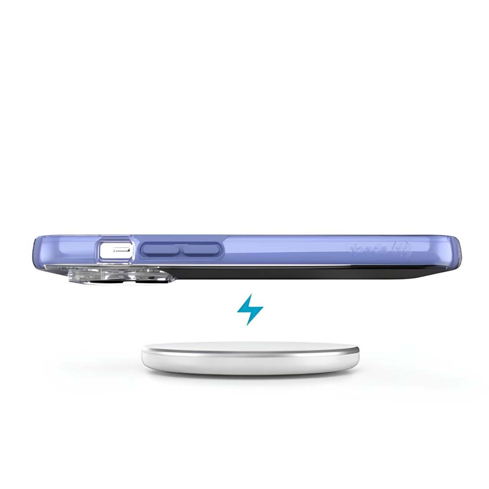 Una custodia blu per telefono fluttua sopra un pad di ricarica bianco rotondo.