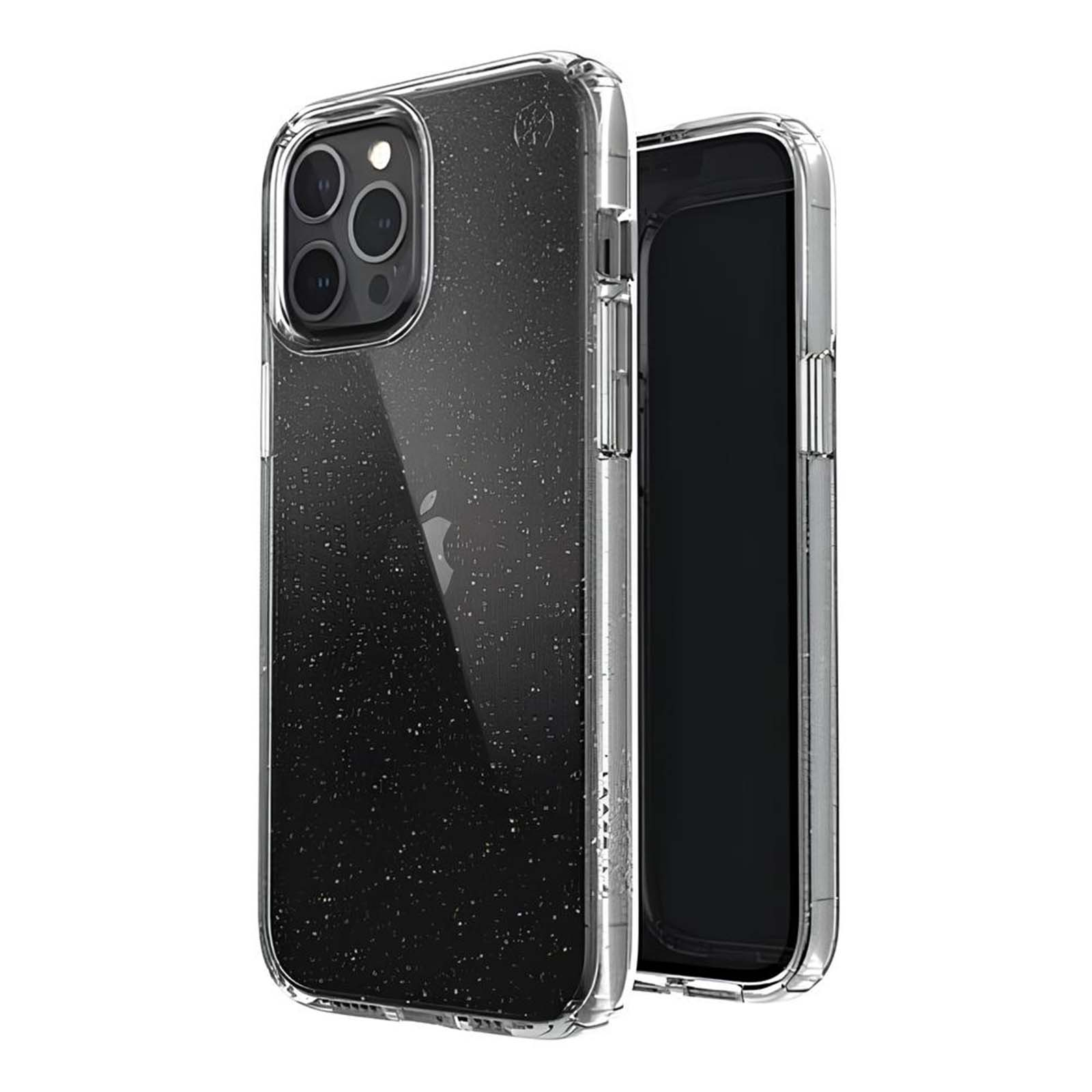Una cover trasparente per telefono con particelle glitterate si adatta a uno smartphone con tre fotocamere.