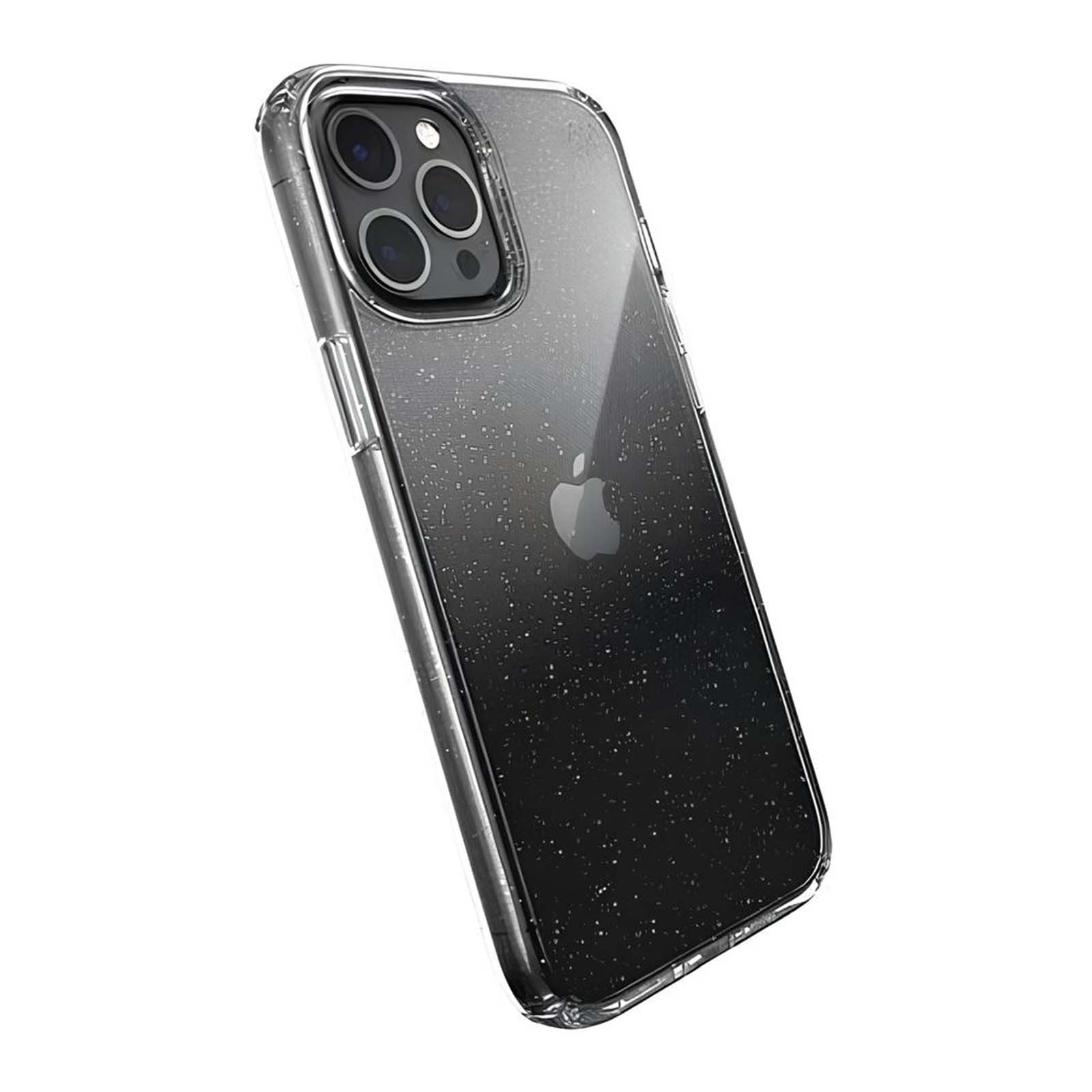 Una custodia trasparente per telefono con particelle scintillanti su sfondo nero.