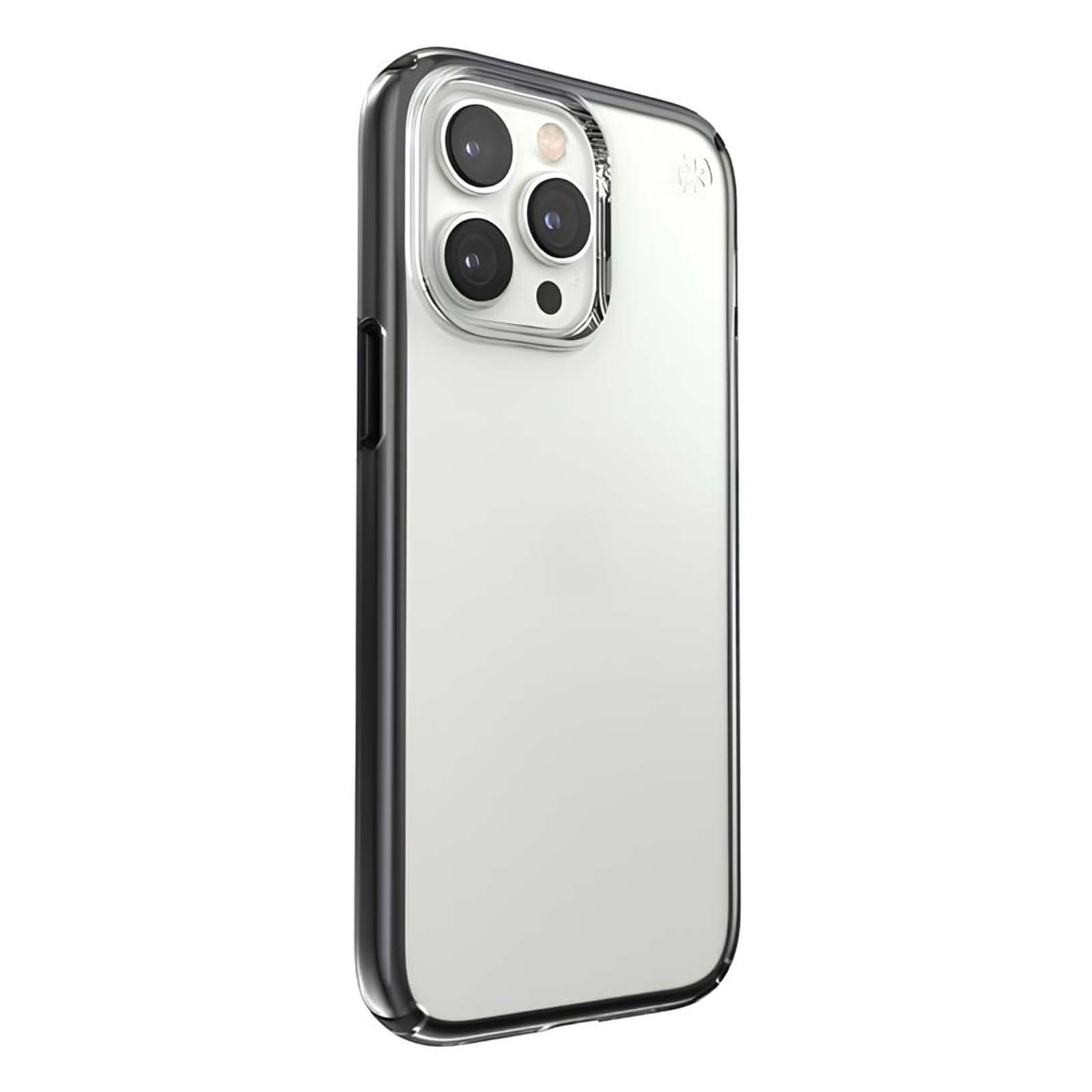 Transparante telefoonhoes met zwarte randen, met een drievoudig camerasysteem.