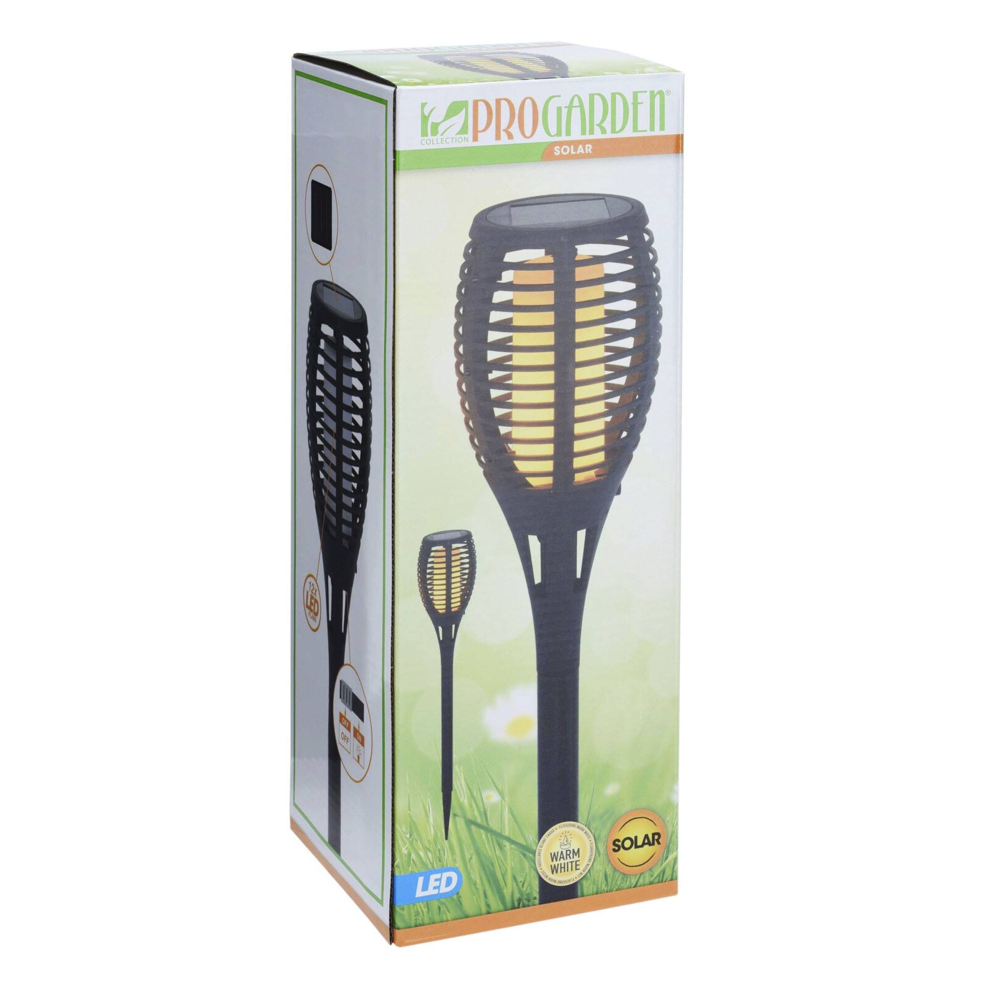 Embalaje para antorcha solar de jardín con efecto llama, blanco cálido, LED.