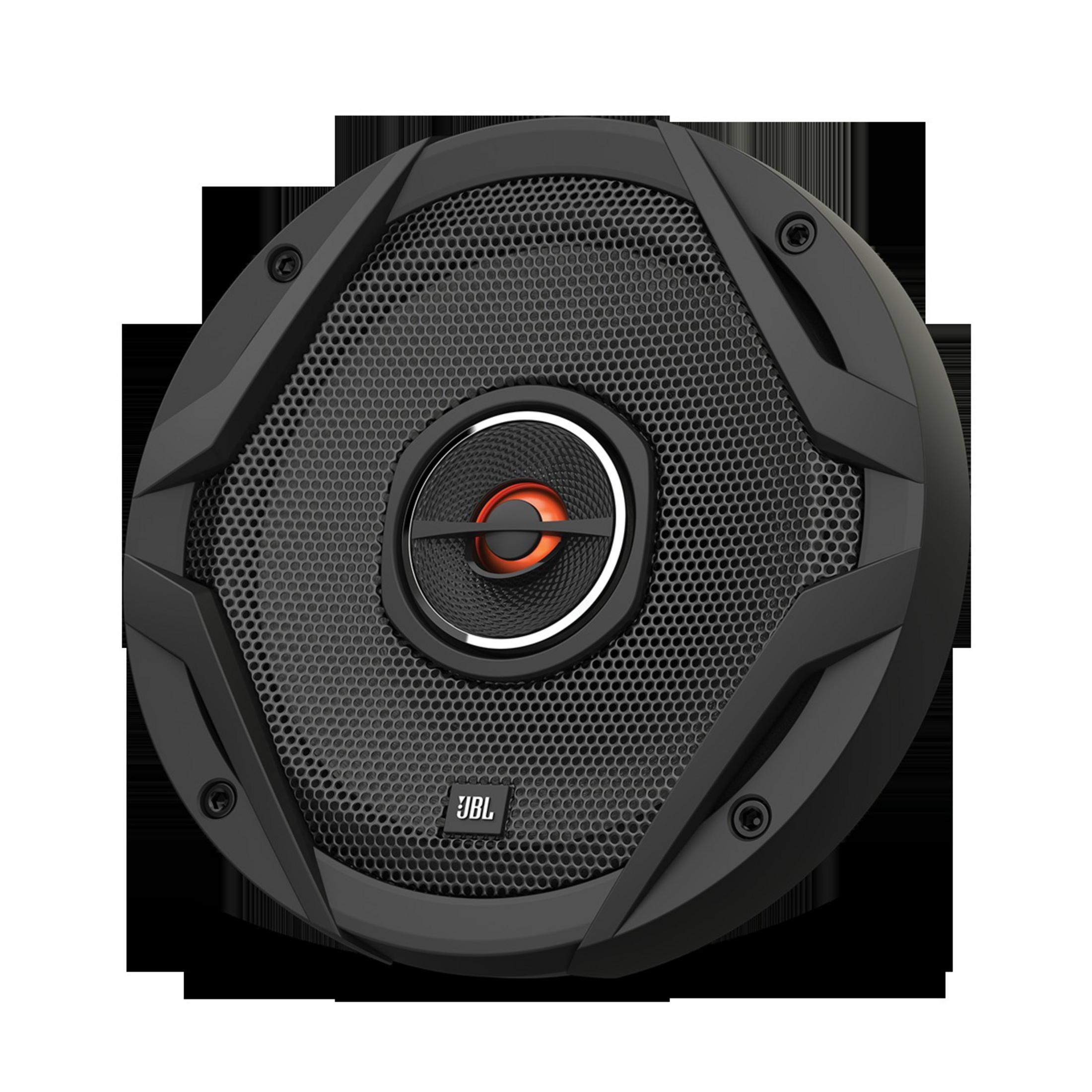 Schwarzer runder Lautsprecher mit JBL-Logo und orangefarbenen Akzenten.