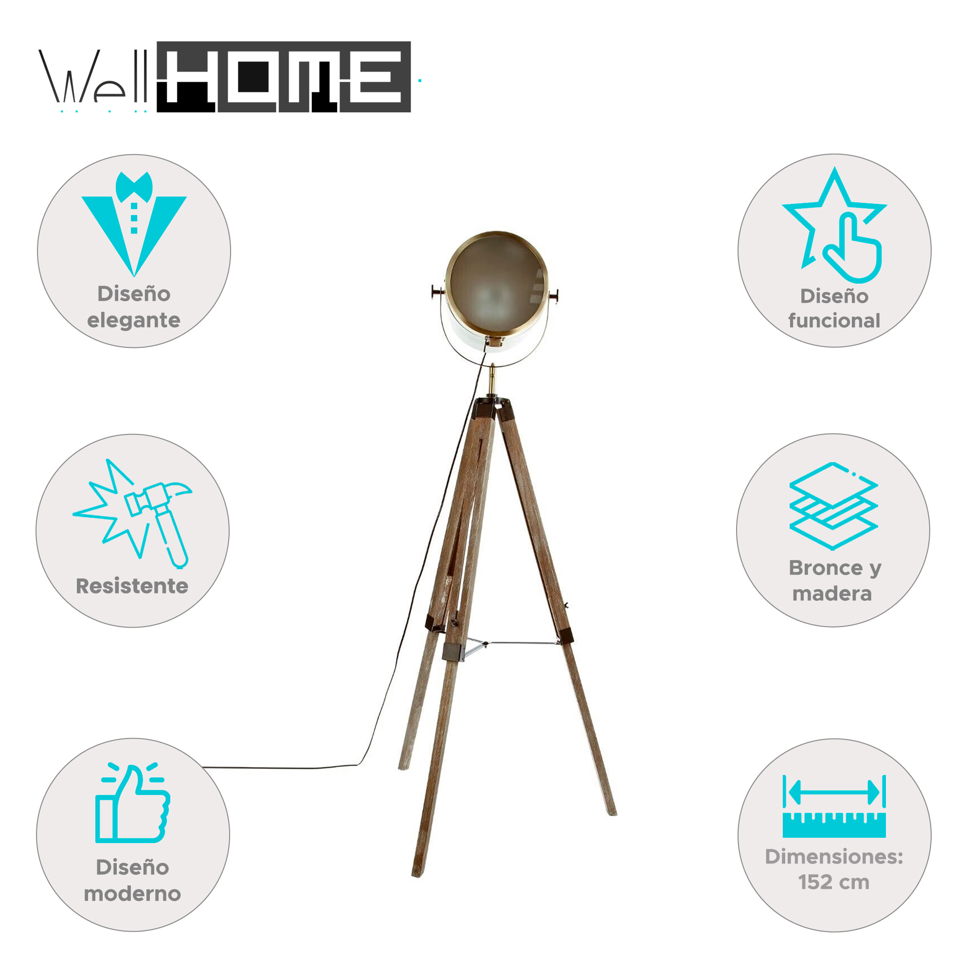 Lámpara de pie trípode con patas de madera, reflector metálico e iconos.