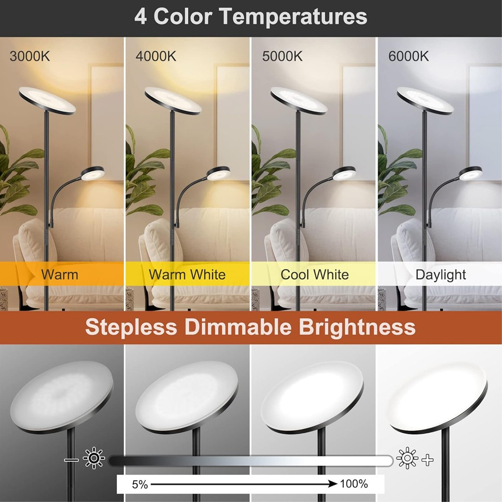 Lámpara de pie muestra 4 temperaturas de color y niveles de brillo.